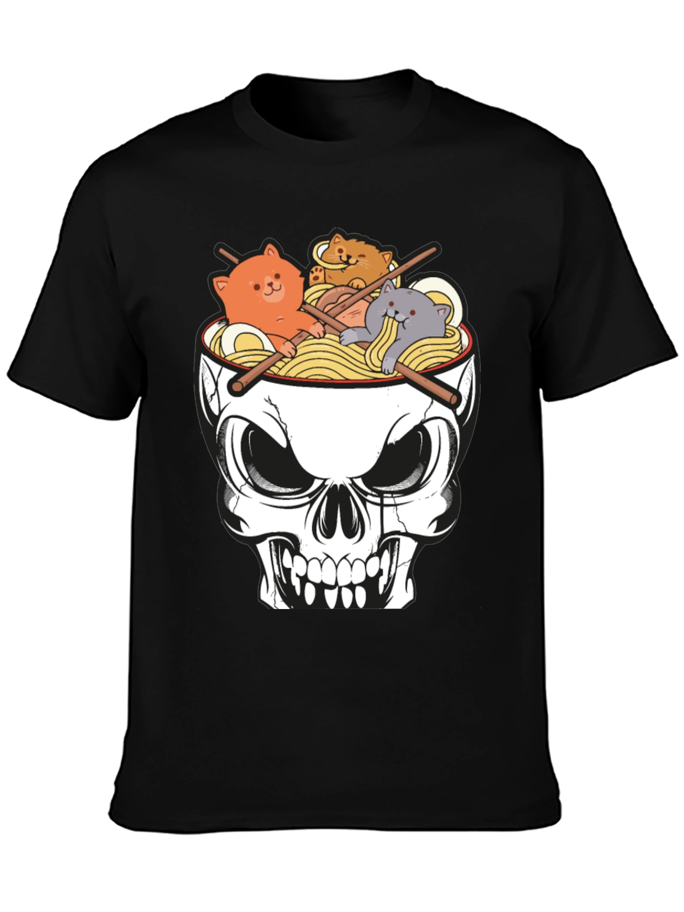 Black Skull Ramen Cat T-Shirt view 3