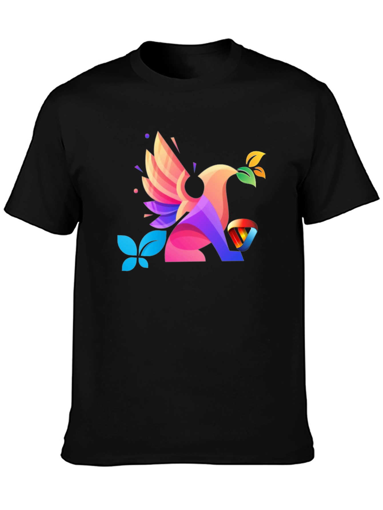 Black Colorful Geometric Bird Graphic T-Shirt view 3