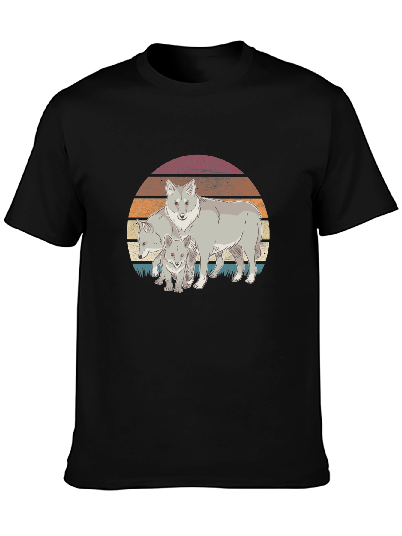 Black Wolf Pack Graphic Tee - Retro Sunset Design view 3