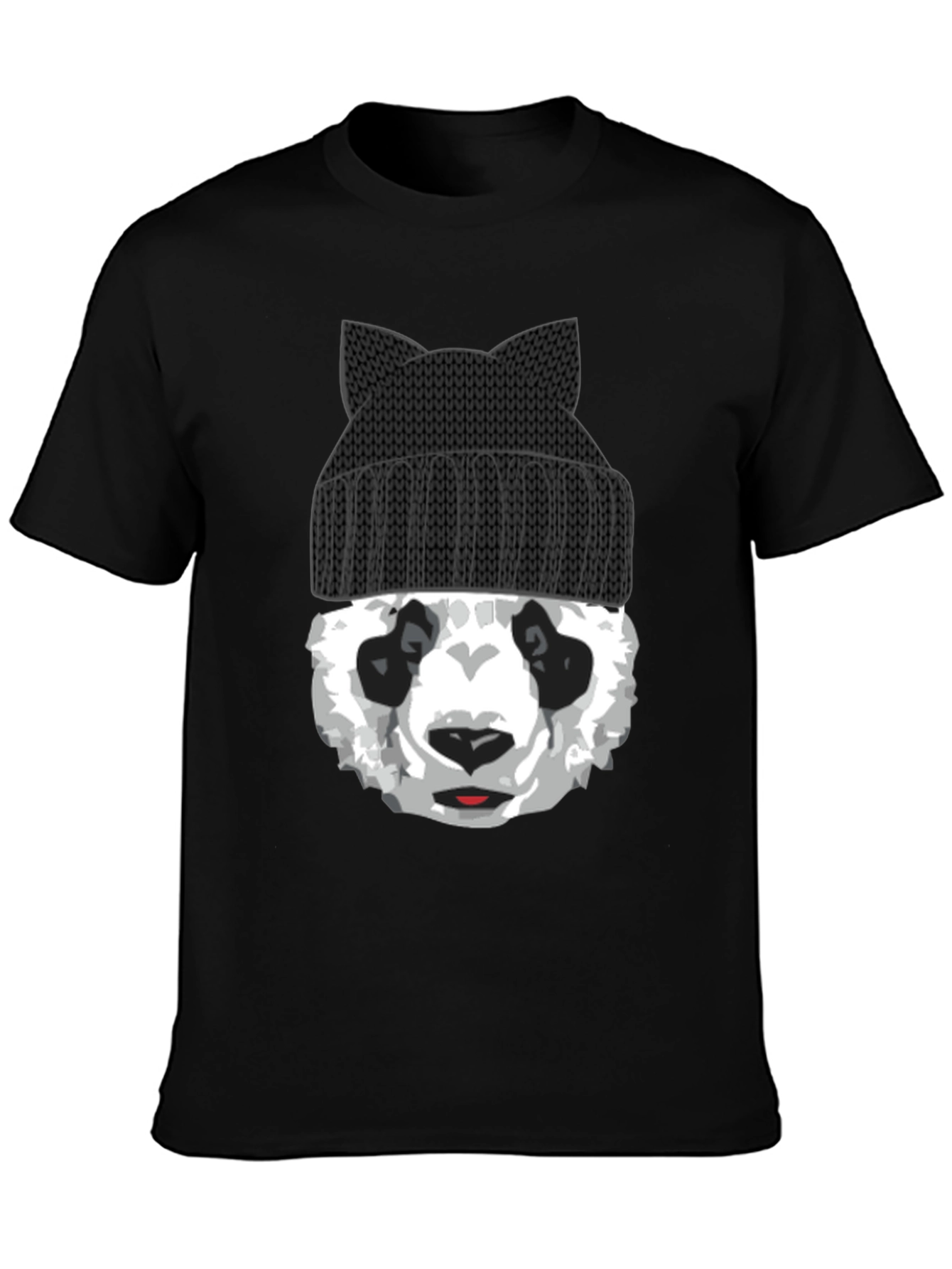 Black Cool Panda Bear with Cat Ear Beanie Graphic Tee view 3
