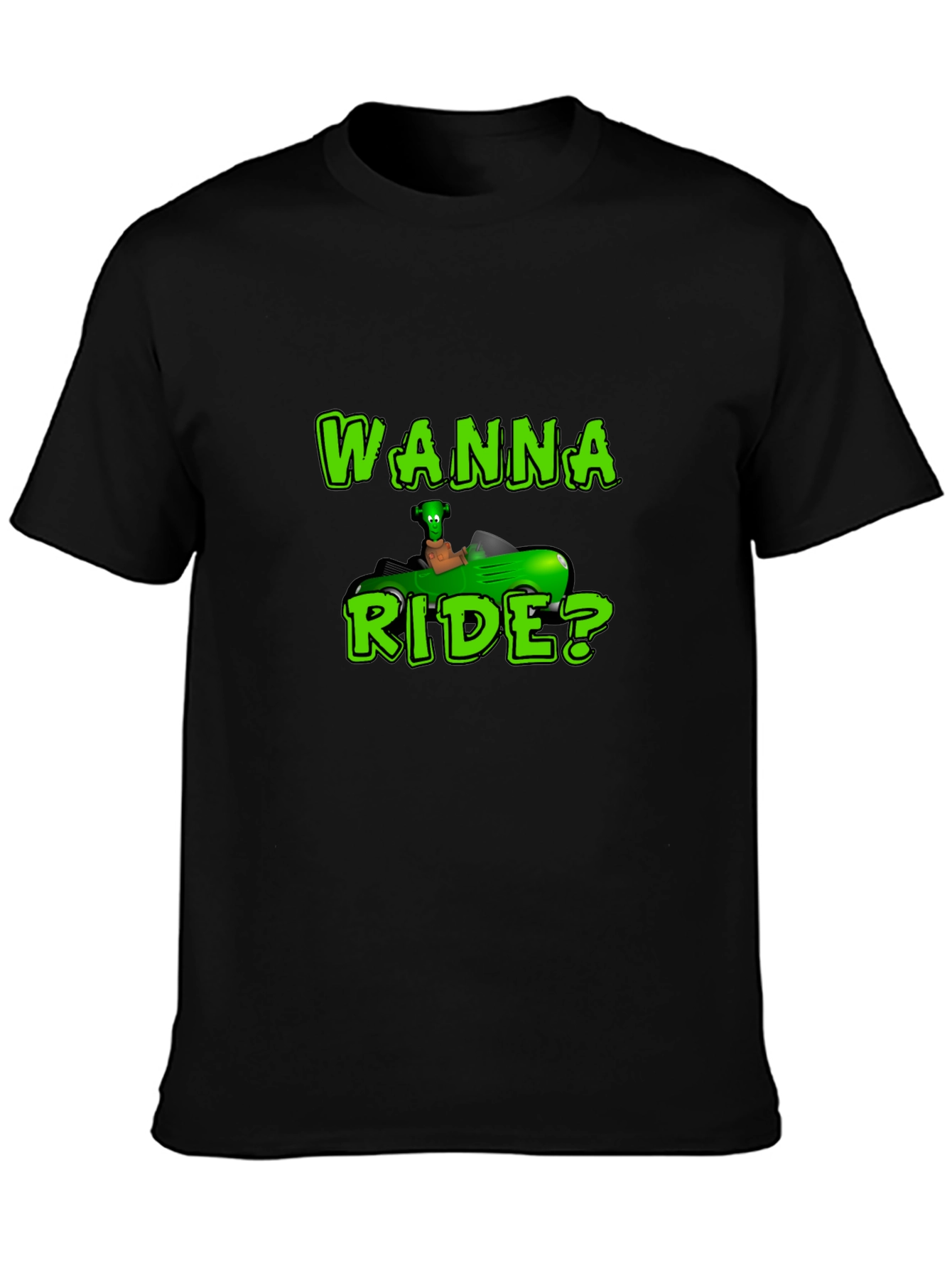 Black Wanna Ride? Green Car Black T-Shirt view 3