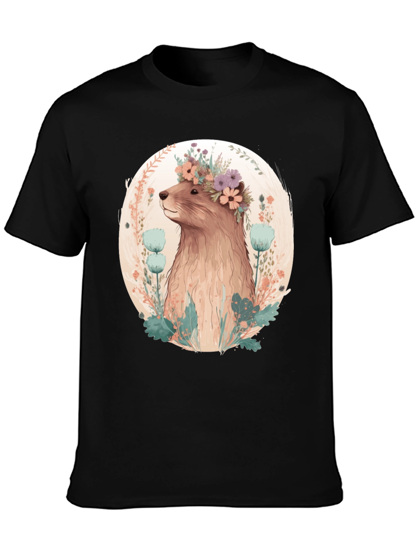 Black Floral Beaver T-Shirt - Men's Black Tee view 3
