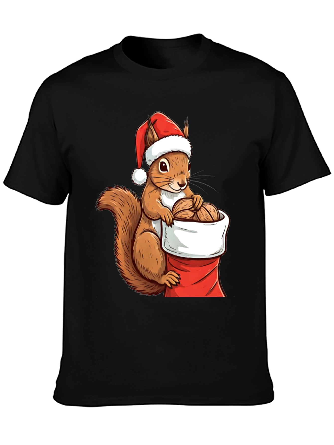 Black Festive Squirrel Santa Hat T-Shirt view 3