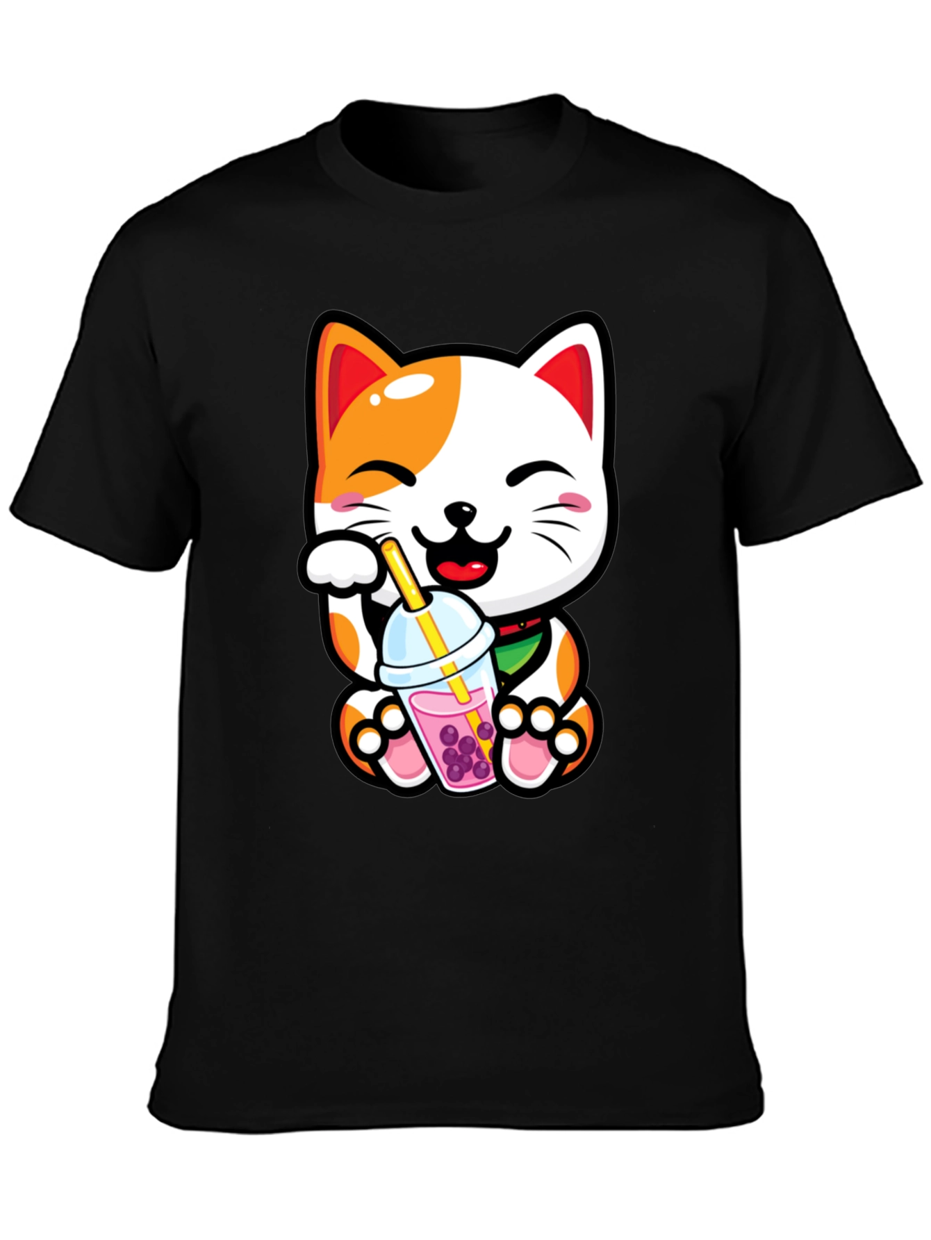 Black Kawaii Cat Boba Tea Graphic Tee view 3