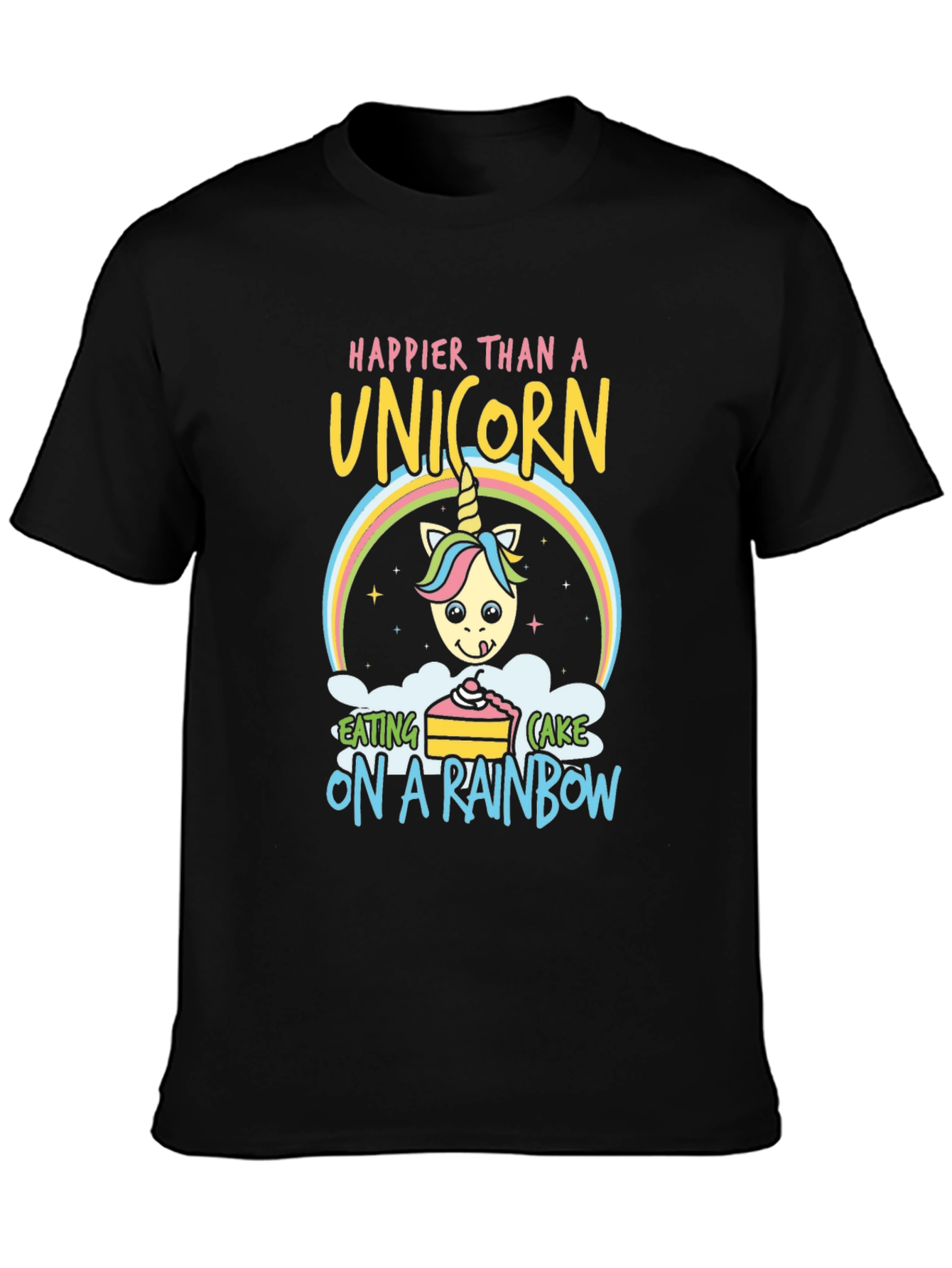 Black Happy Unicorn Rainbow Cake Graphic Tee view 3