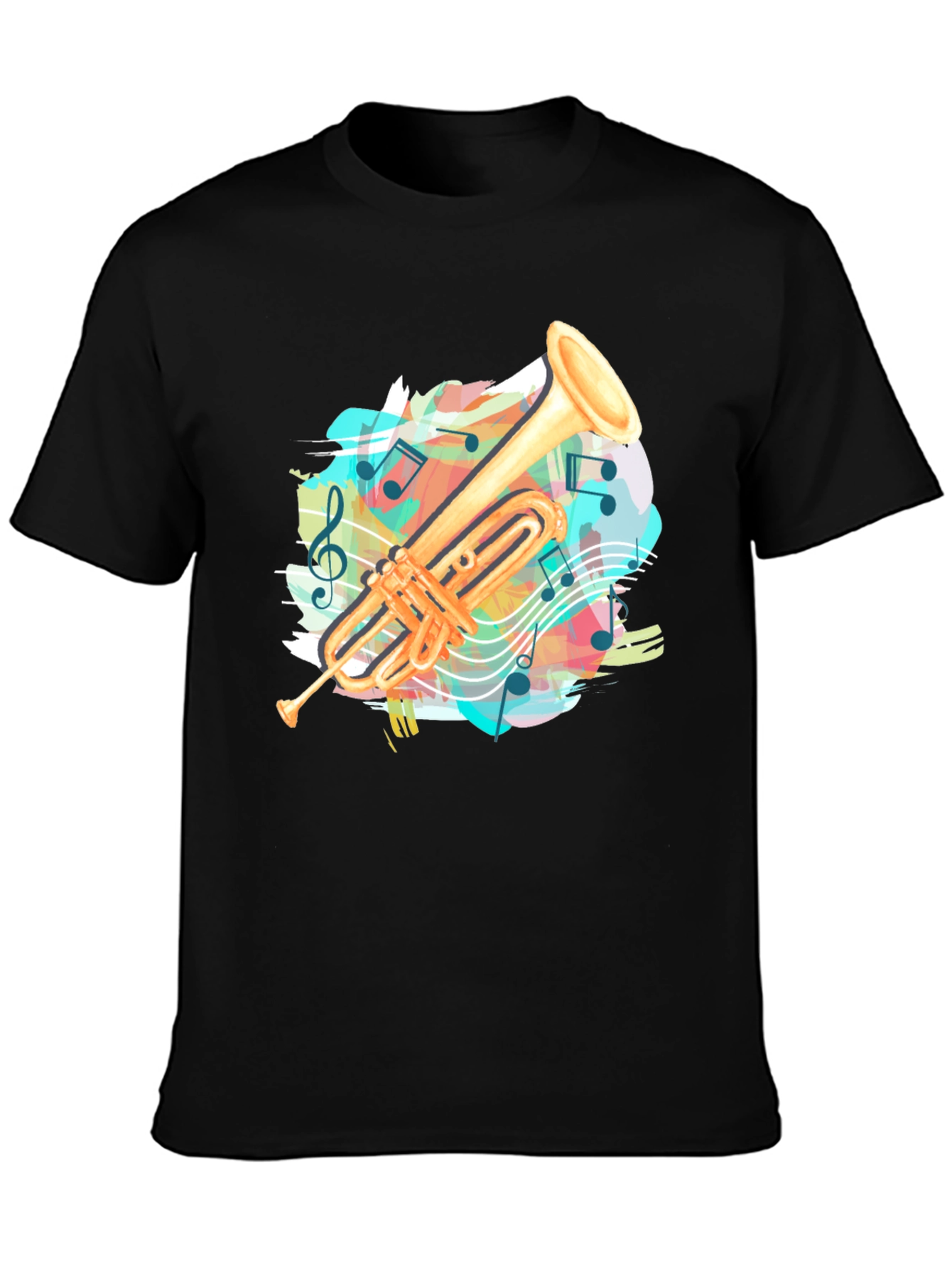 Black Trumpet Music Notes Graphic Tee - Black Casual T-Shirt view 3