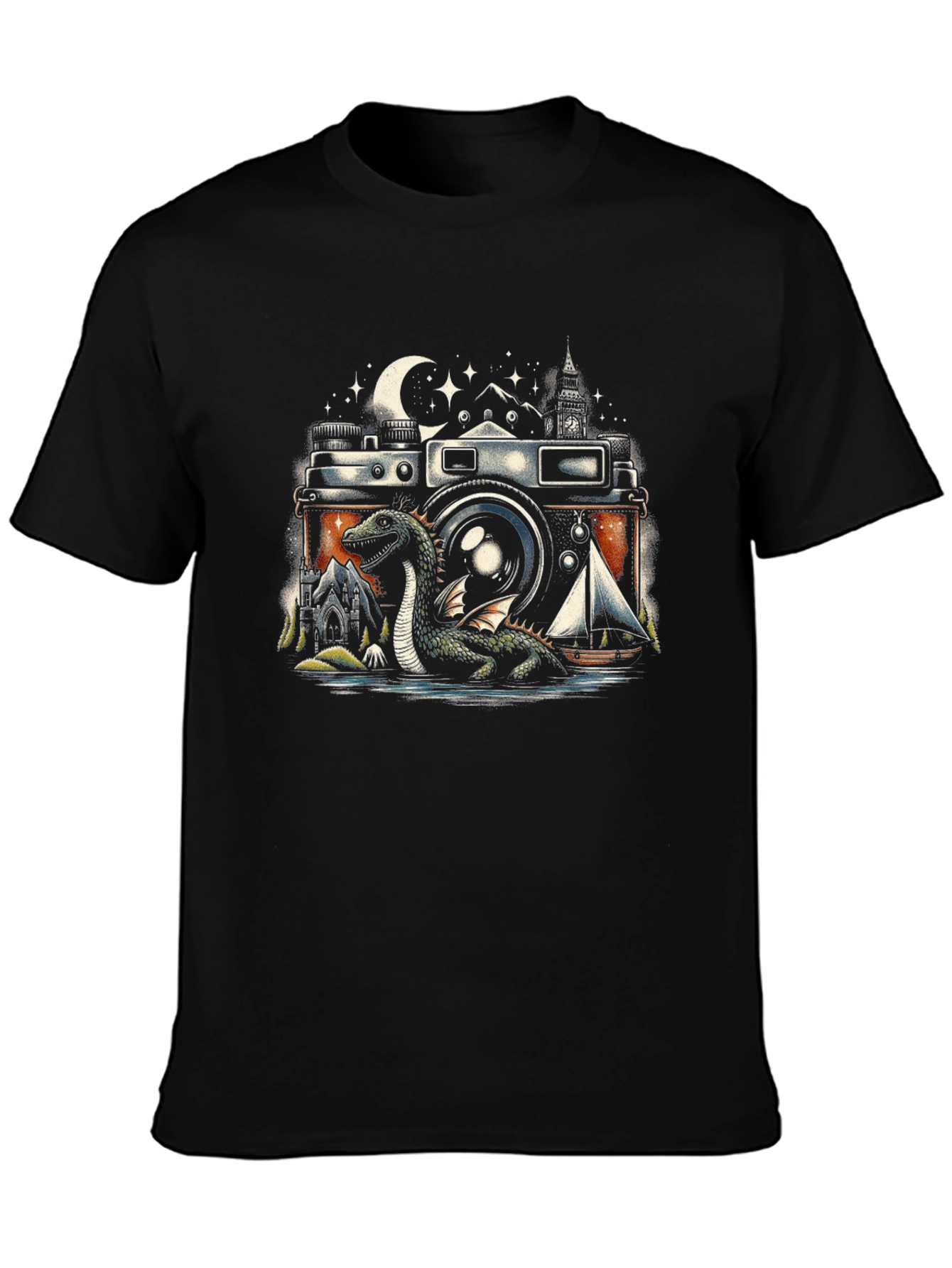 Black Vintage Camera Loch Ness Monster Graphic Tee view 3