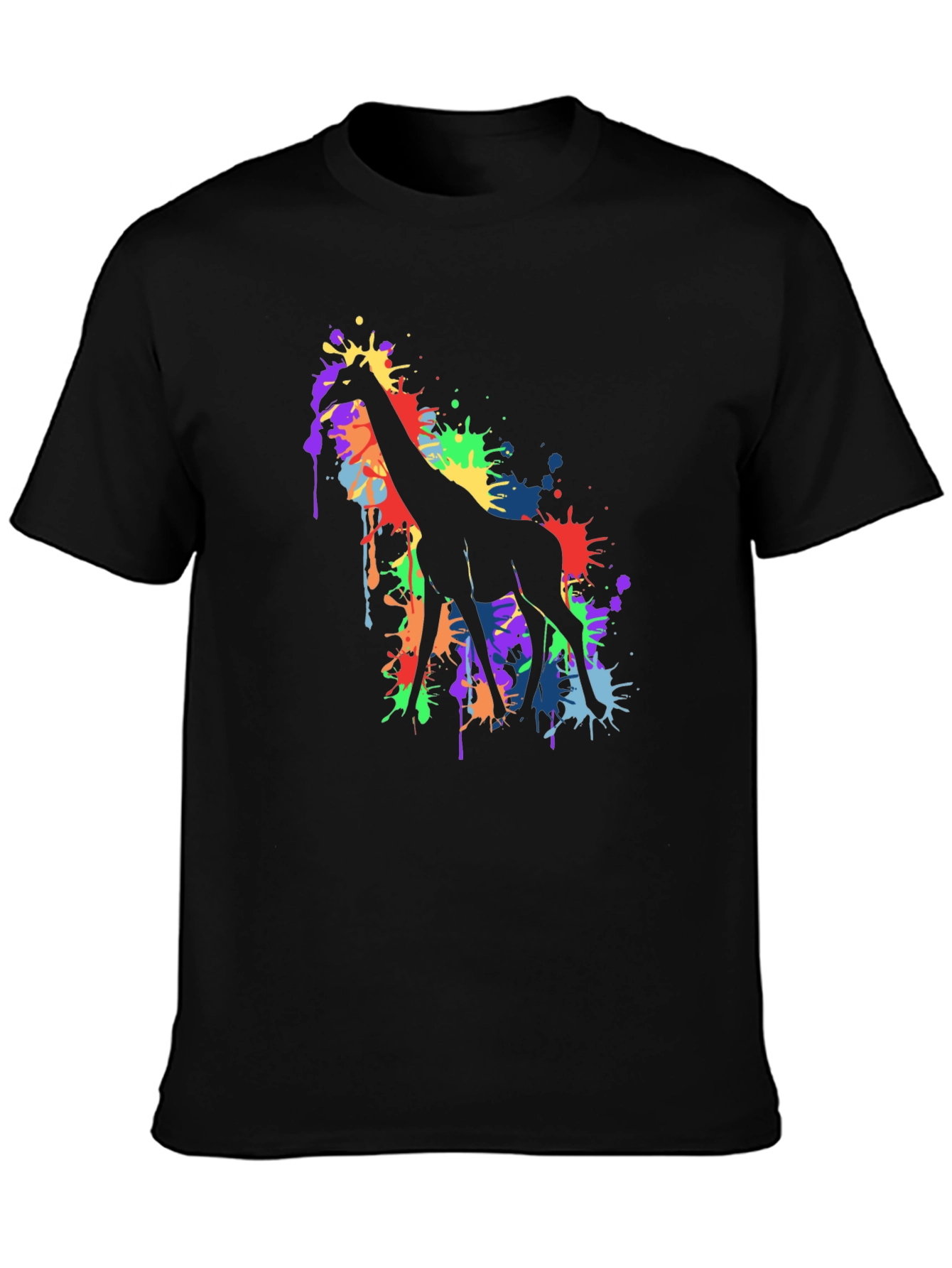 Black Colorful Giraffe Splatter Art Graphic Tee - Black view 3