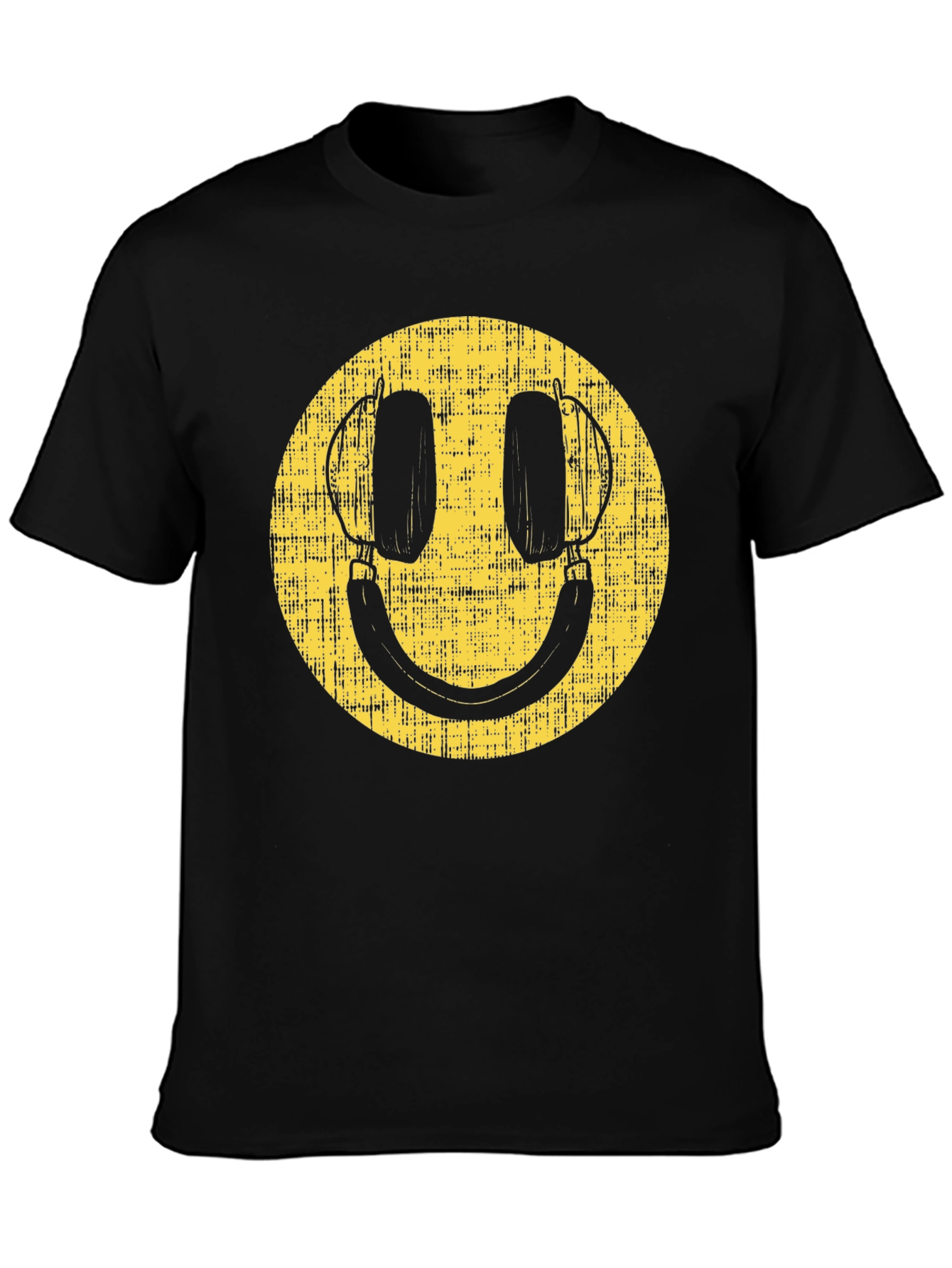 Black Retro Smiley Face Headphones Black T-Shirt view 3