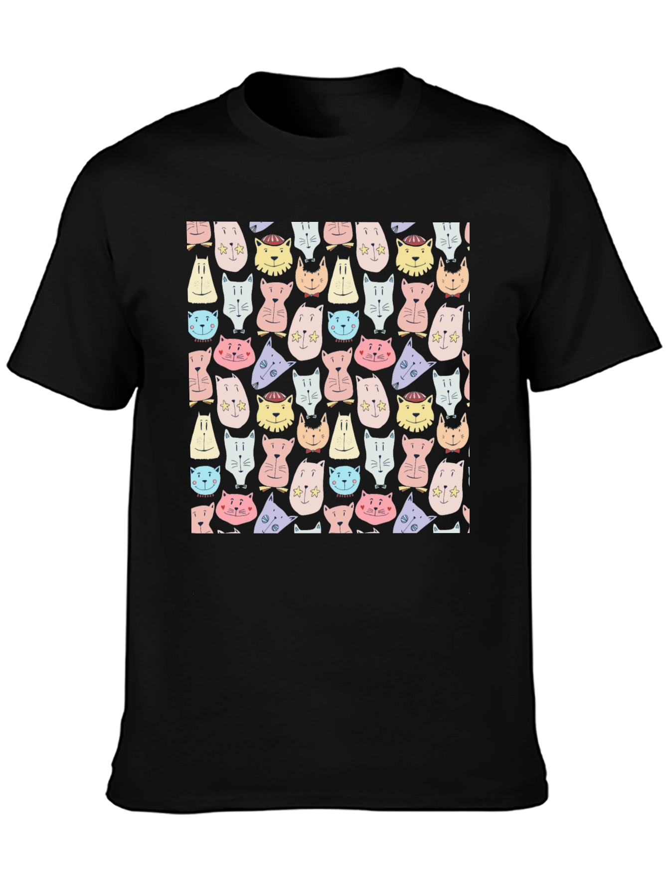 Black Cute Cats Pattern Tee - Unisex Black T-Shirt view 3