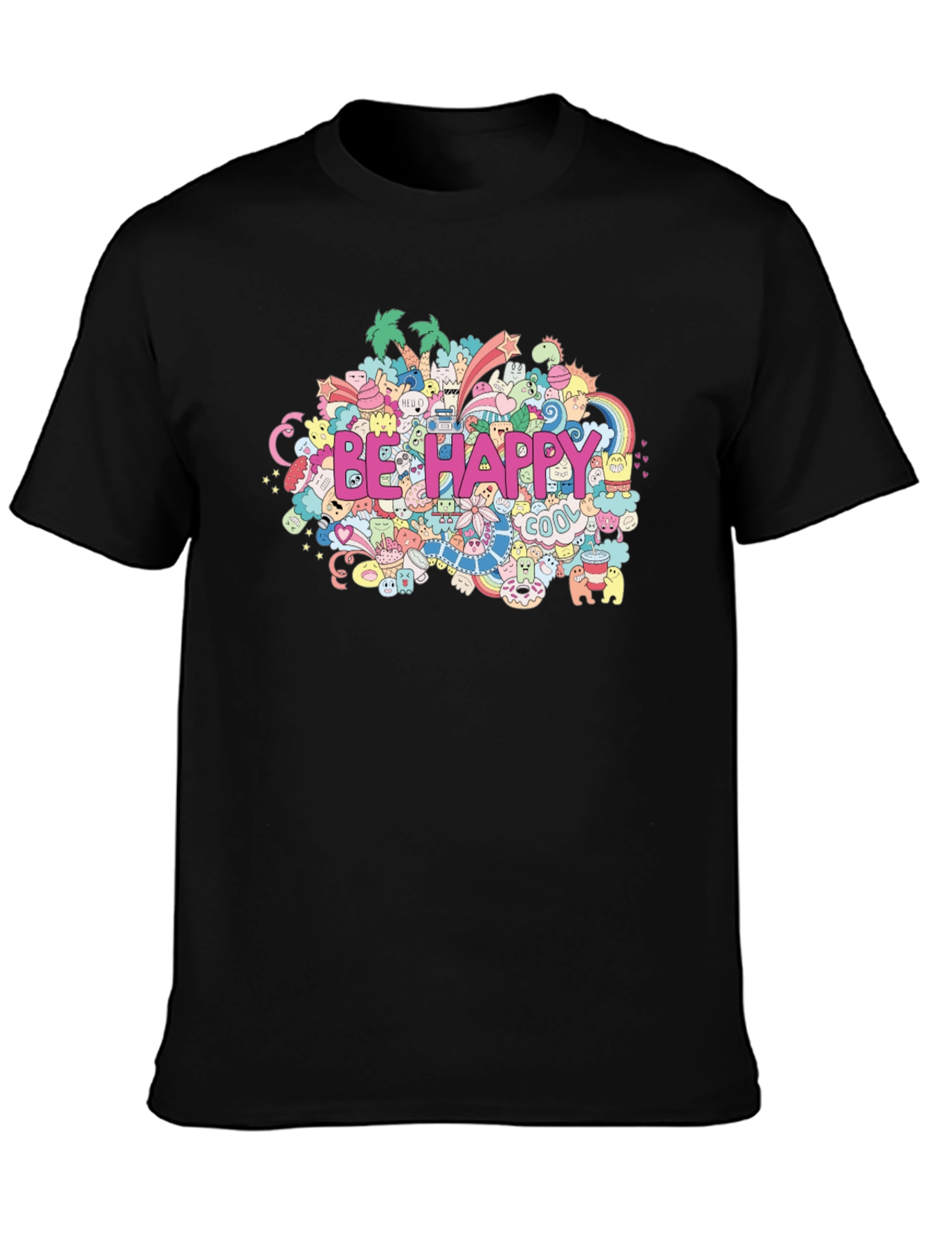 Black Be Happy Doodle Art Black T-Shirt view 3