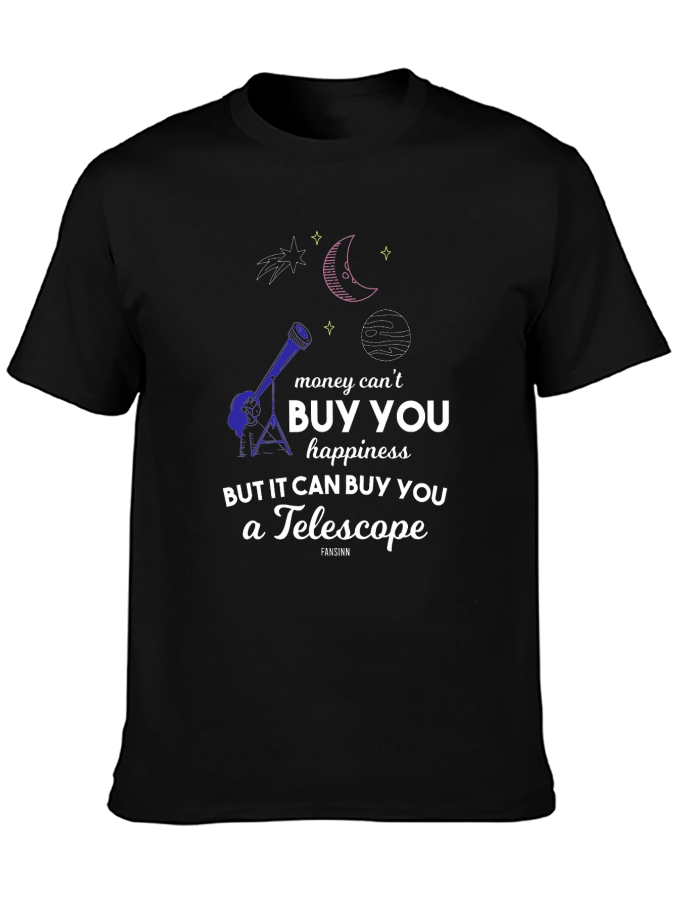 Black Telescope & Space Graphic T-Shirt - Buy Happiness! view 3