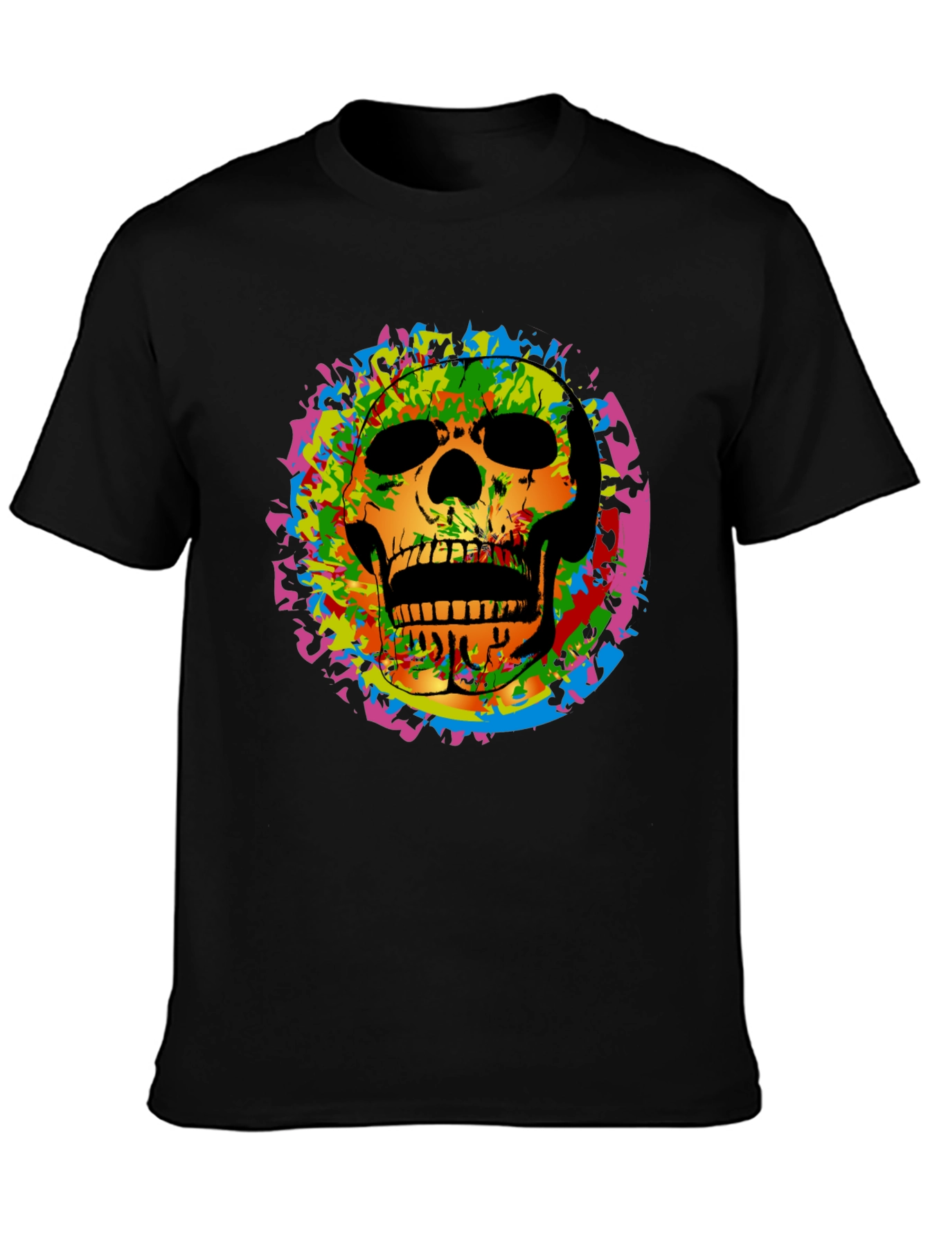 Black Colorful Skull Graphic Tee - Edgy Men's Black T-Shirt view 3
