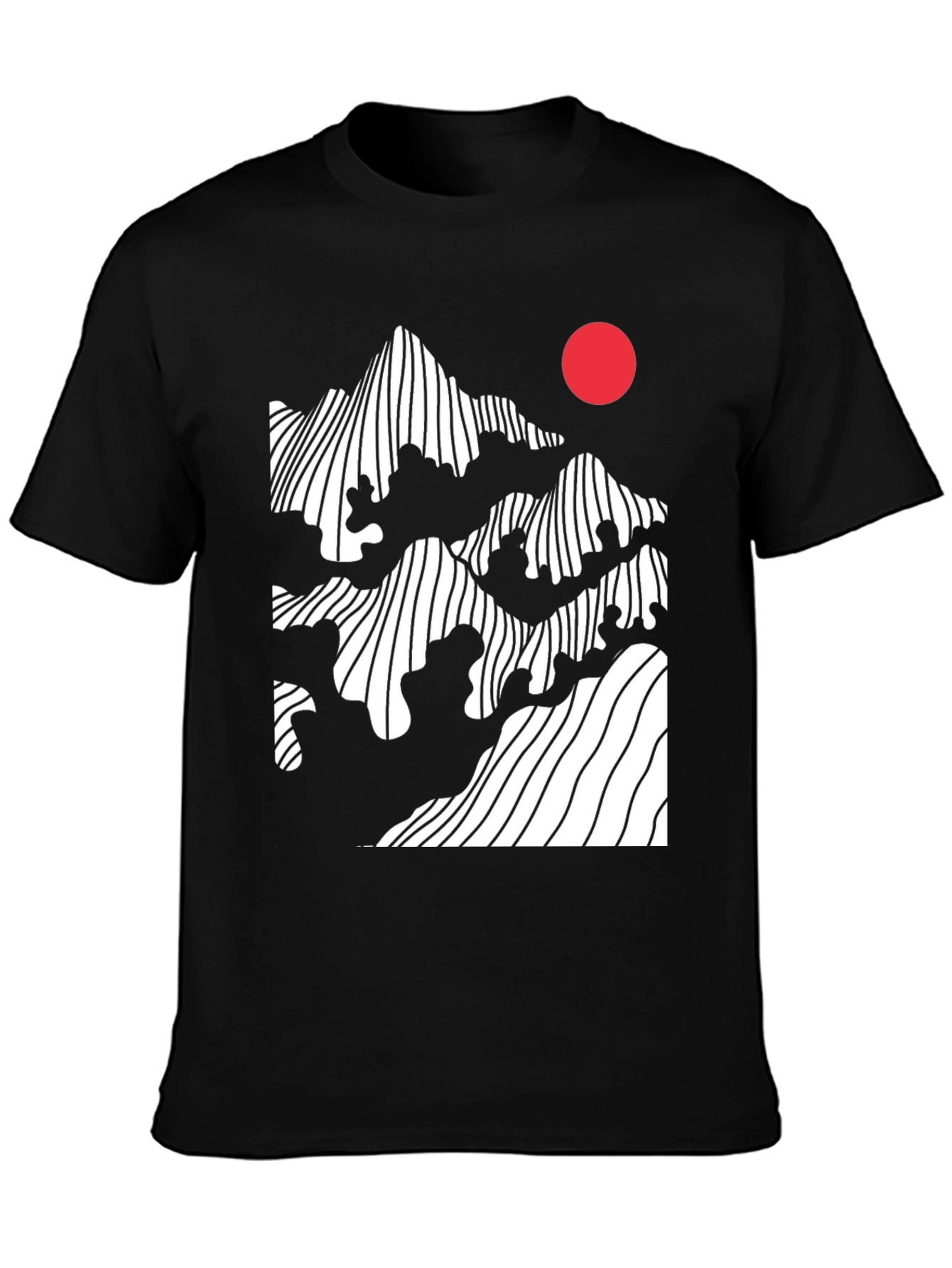 Black Abstract Mountain & Sun Graphic Tee - Modern Black T-Shirt view 3
