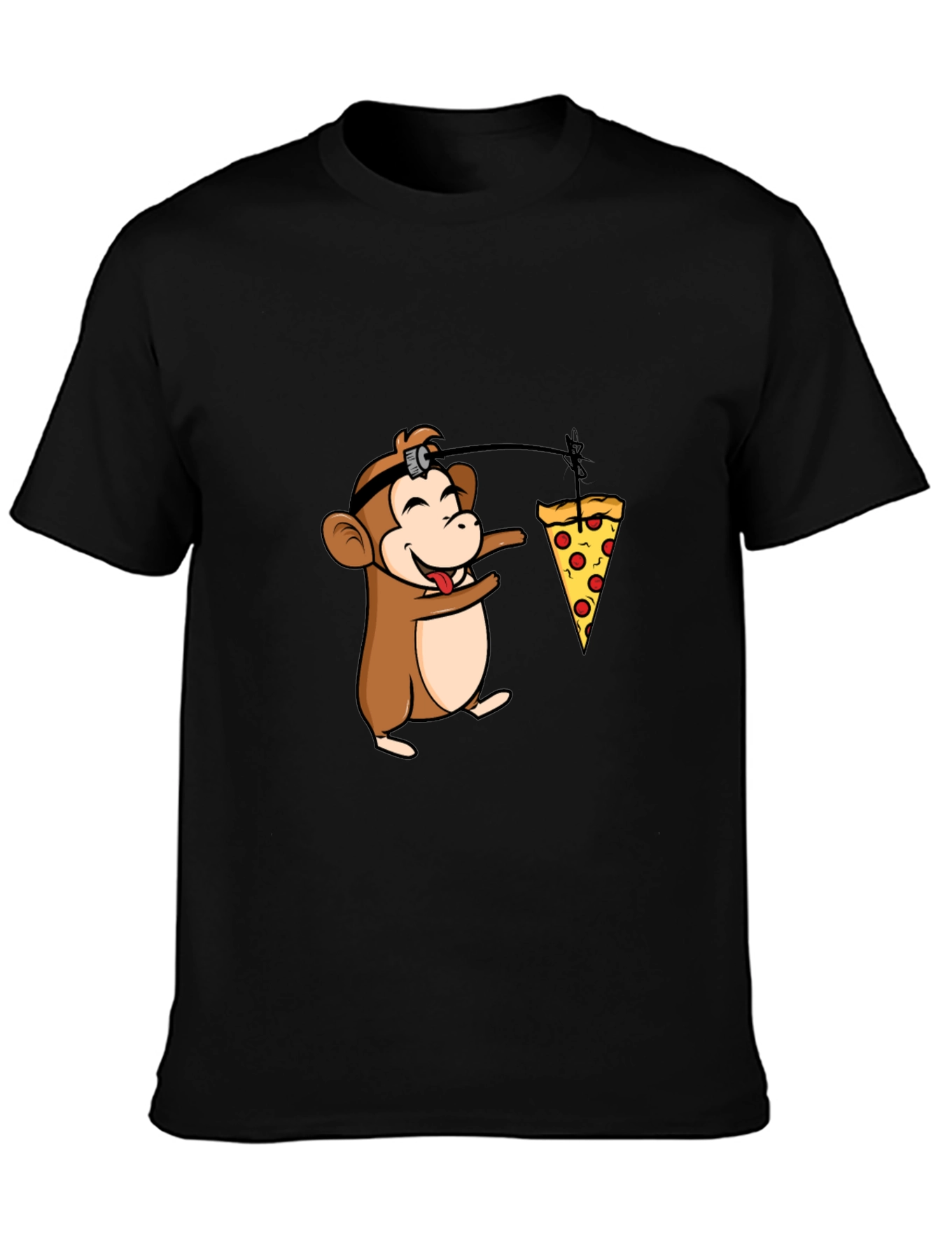 Black Funny Monkey Pizza T-Shirt - Novelty Cartoon Tee view 3