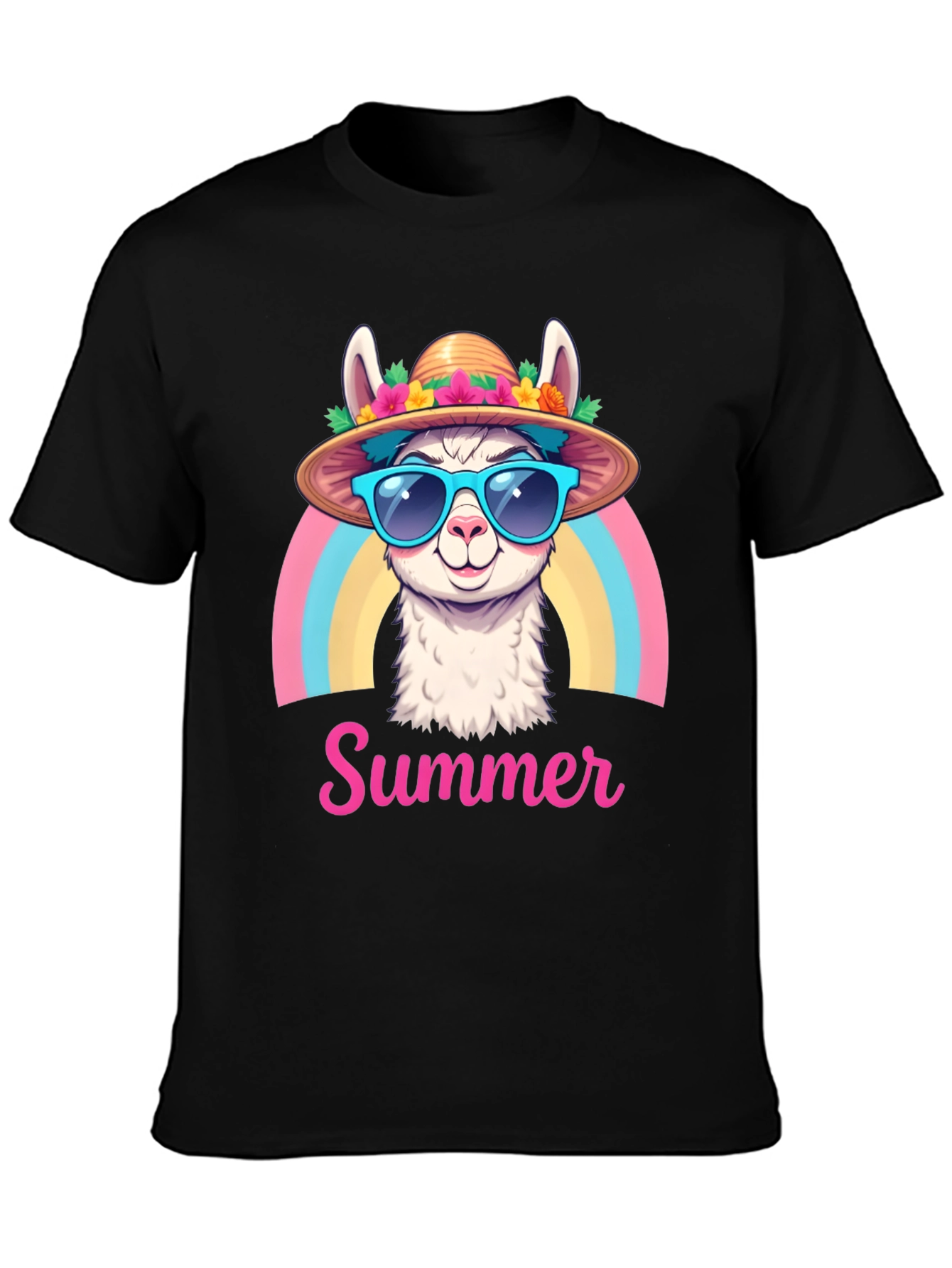 Black Summer Llama T-Shirt Rainbow Hat Sunglasses view 3