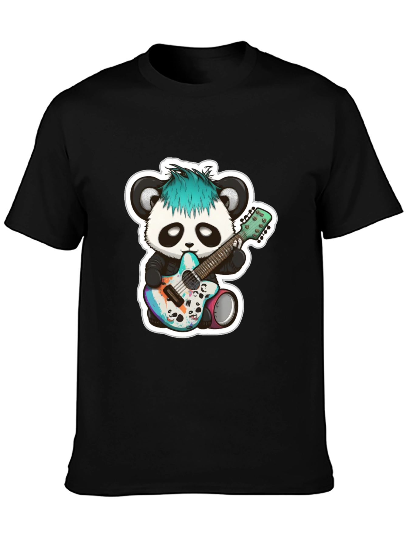 Black Cool Panda Guitarist Black T-Shirt view 3