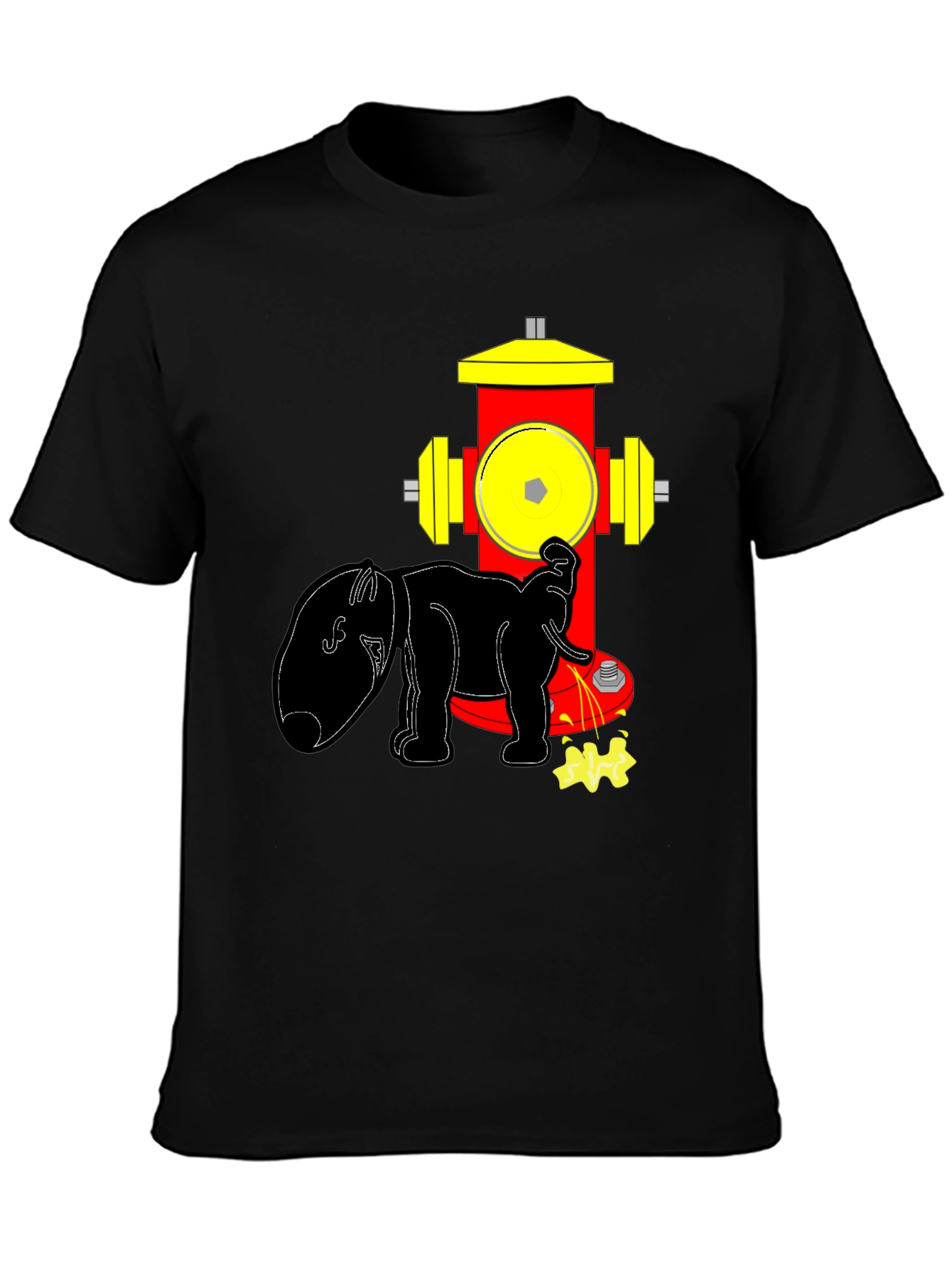 Black Funny Elephant Peeing on Fire Hydrant Black T-Shirt view 3