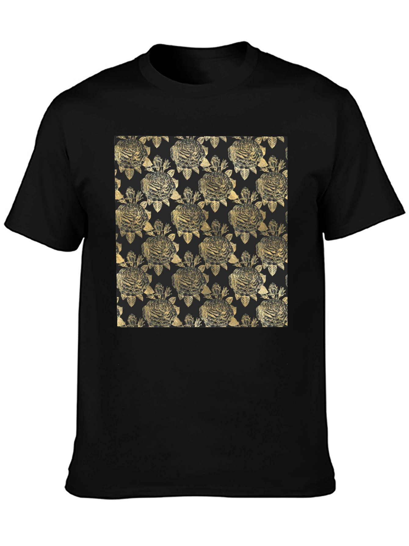 Black Golden Floral Pattern Black T-Shirt view 3