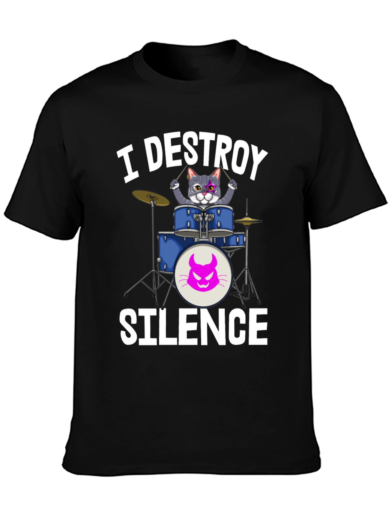 Black I Destroy Silence Cat Drummer T-Shirt view 3