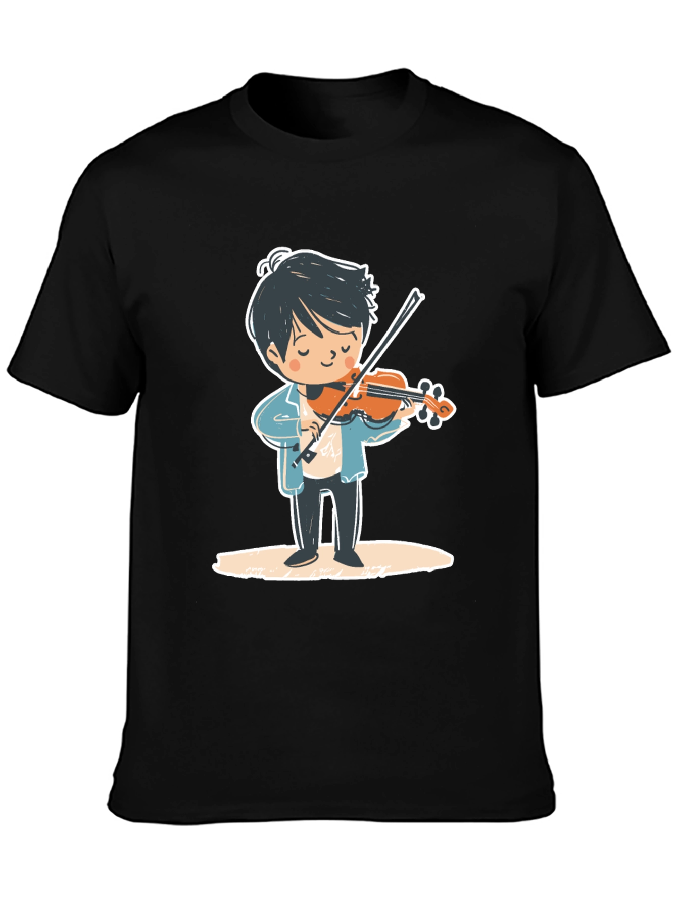 Black Violinist Cartoon Graphic Tee - Unisex Black T-Shirt view 3