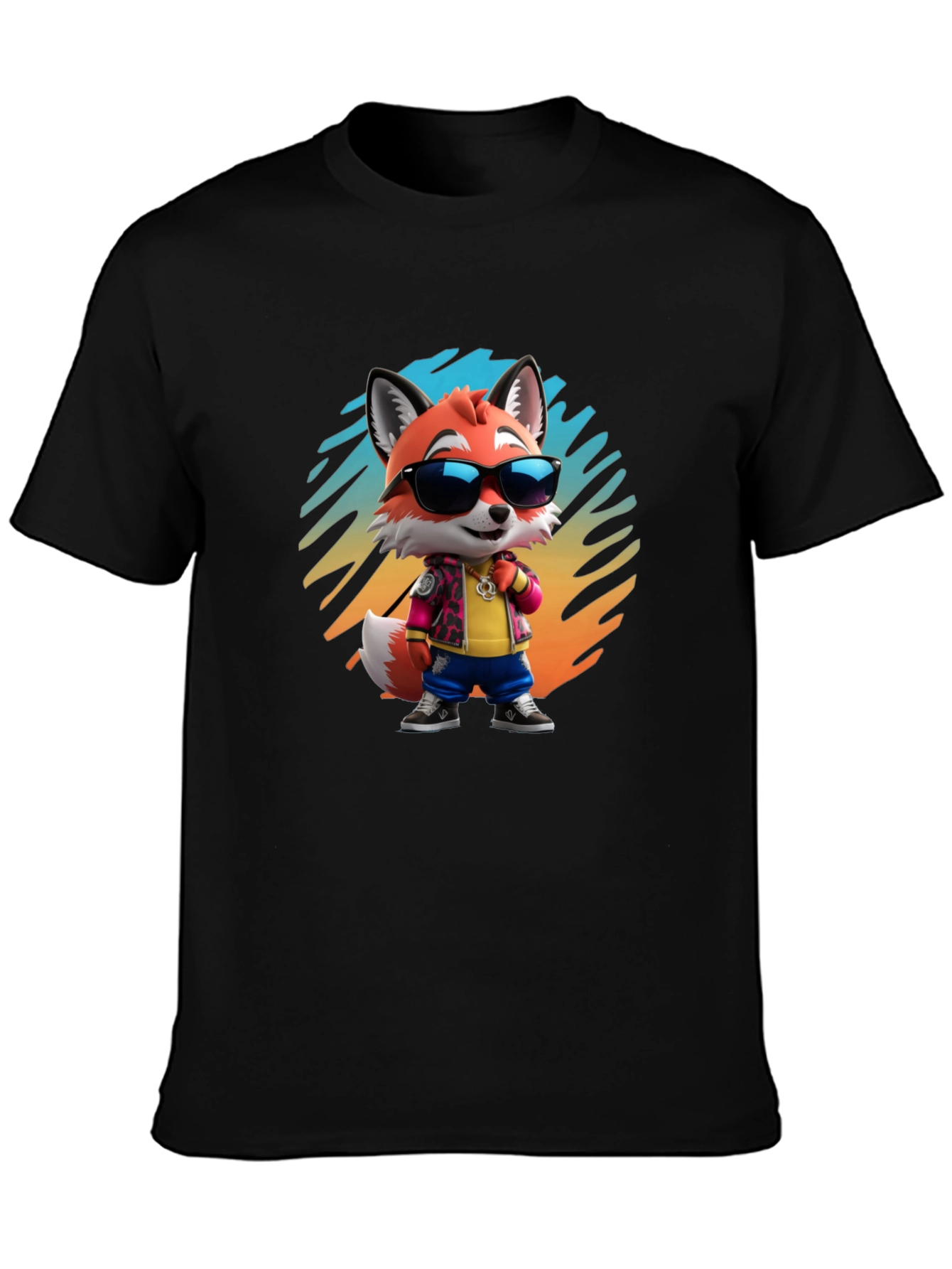 Black Cool Cartoon Fox T-Shirt - Black Cotton Tee view 3