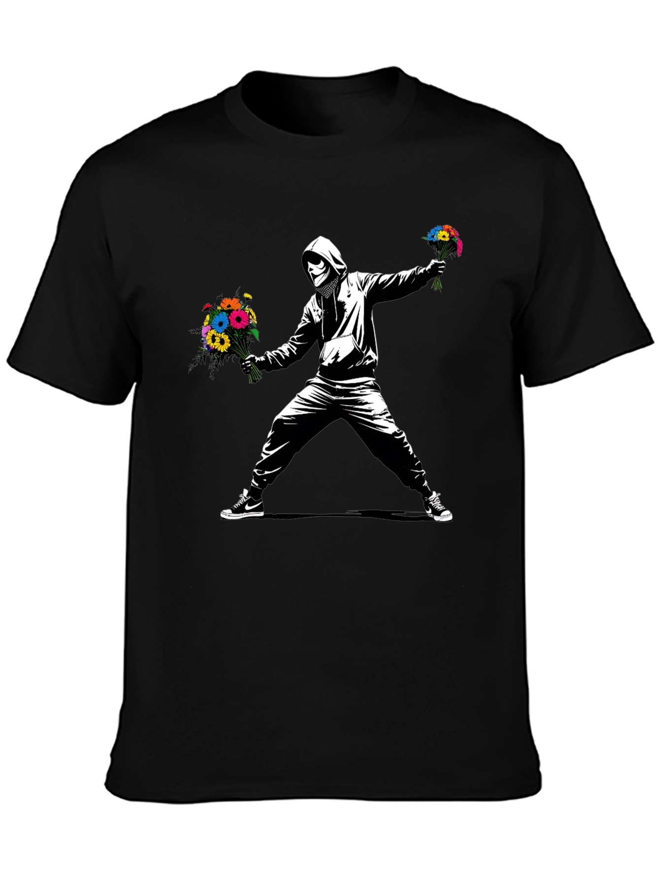 Black Banksy Flower Bomber T-Shirt - Street Art Graphic Tee view 3