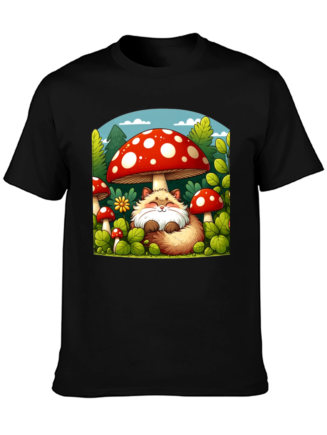 Black Whimsical Fox & Mushroom Graphic T-Shirt view 3