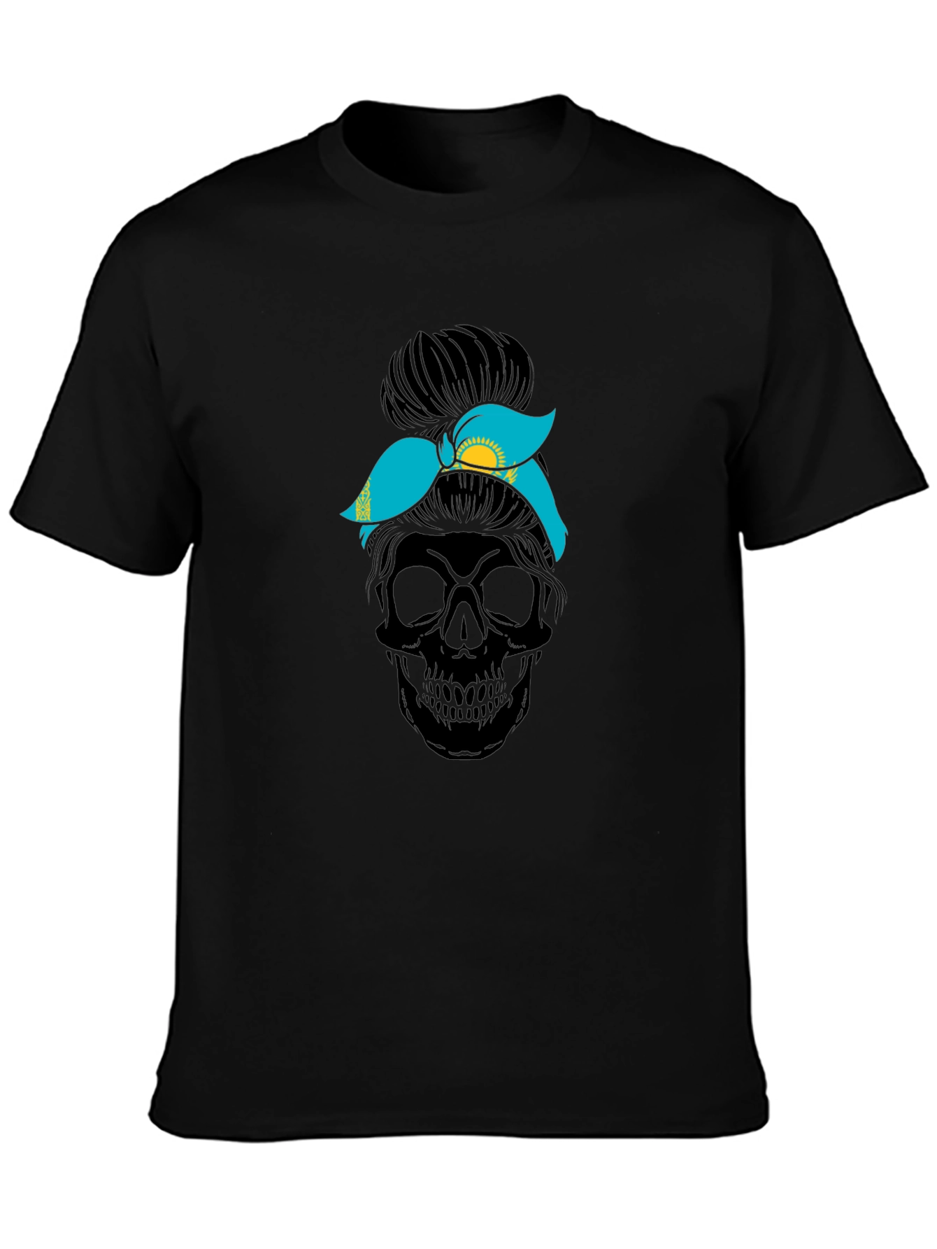 Skull Messy Bun Kazakhstan Flag T-Shirt - 3
