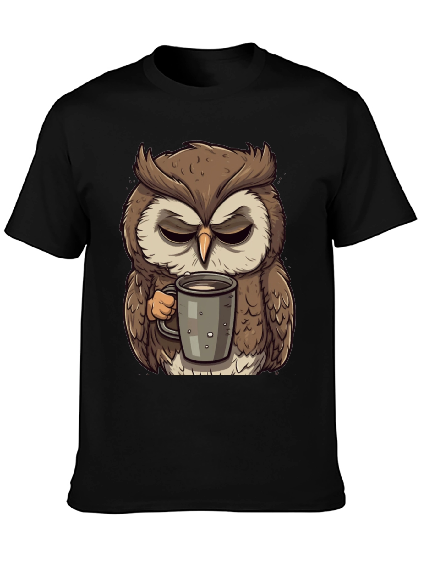 Black Grumpy Owl Coffee T-Shirt - Cute Cartoon Tee view 3