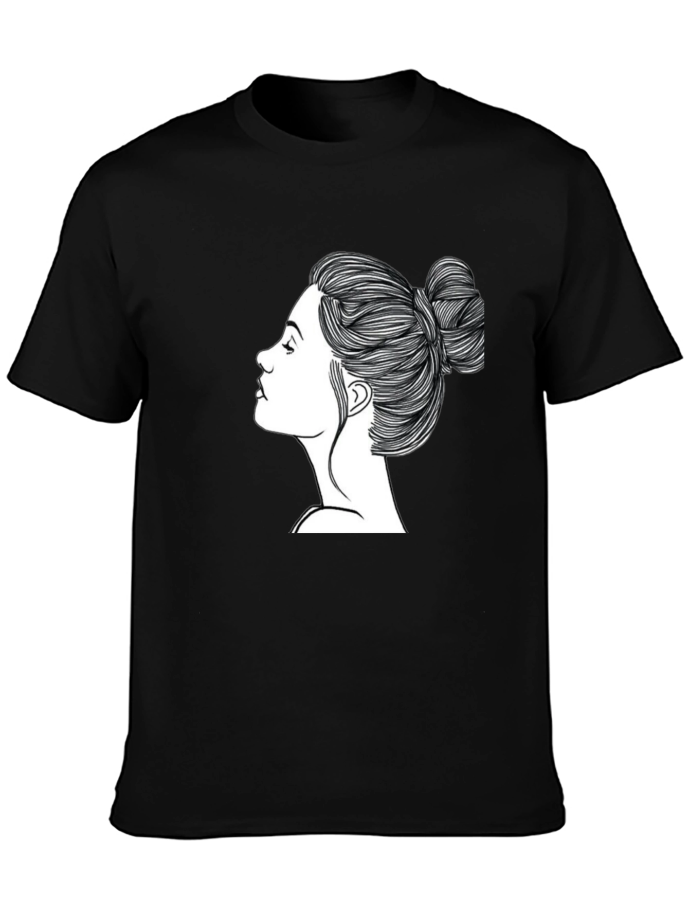 Black Black T-Shirt with Woman's Hair Bun Design view 3
