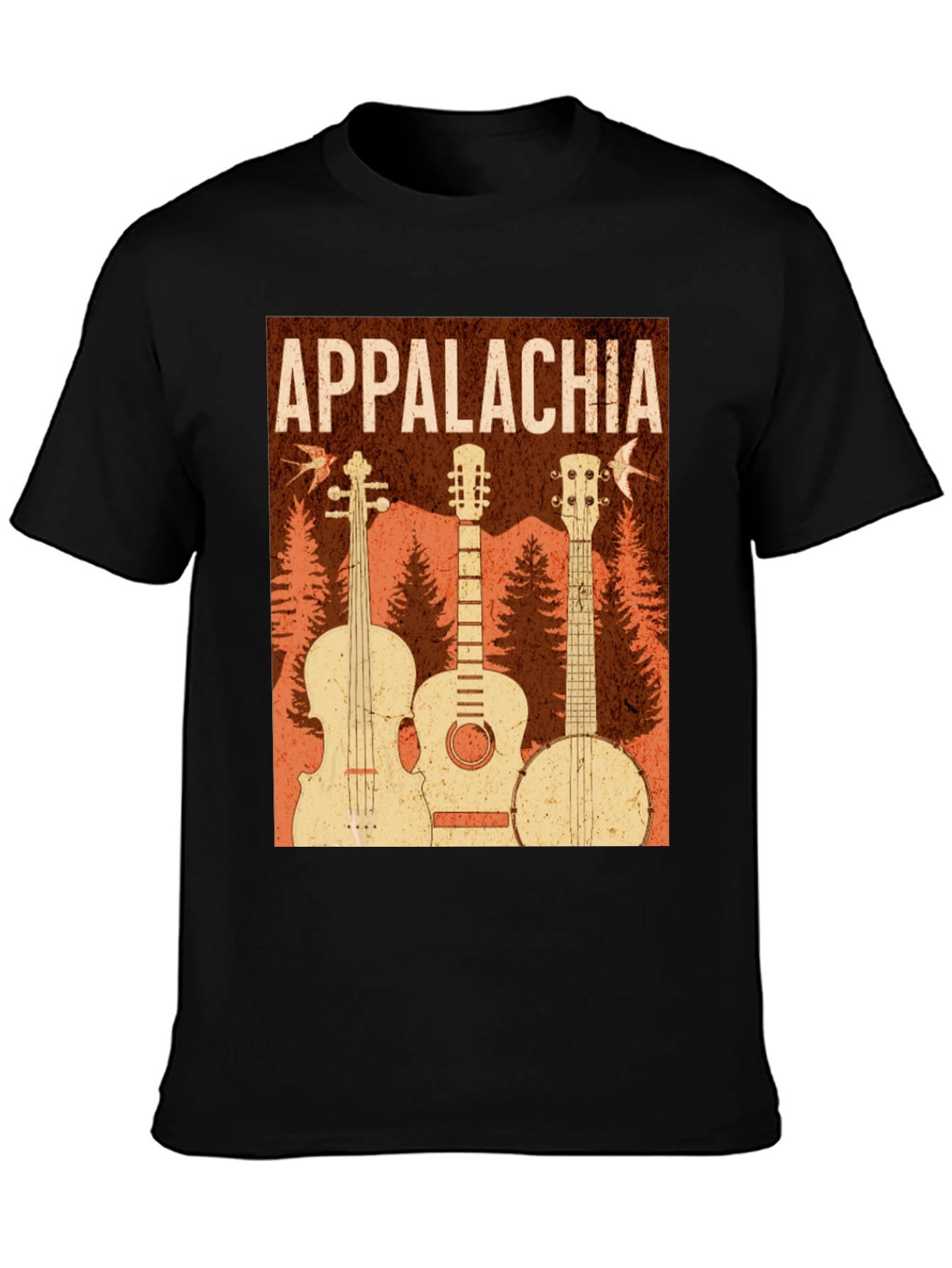 Black Appalachia Music T-Shirt: Vintage Guitar, Banjo & Fiddle view 3