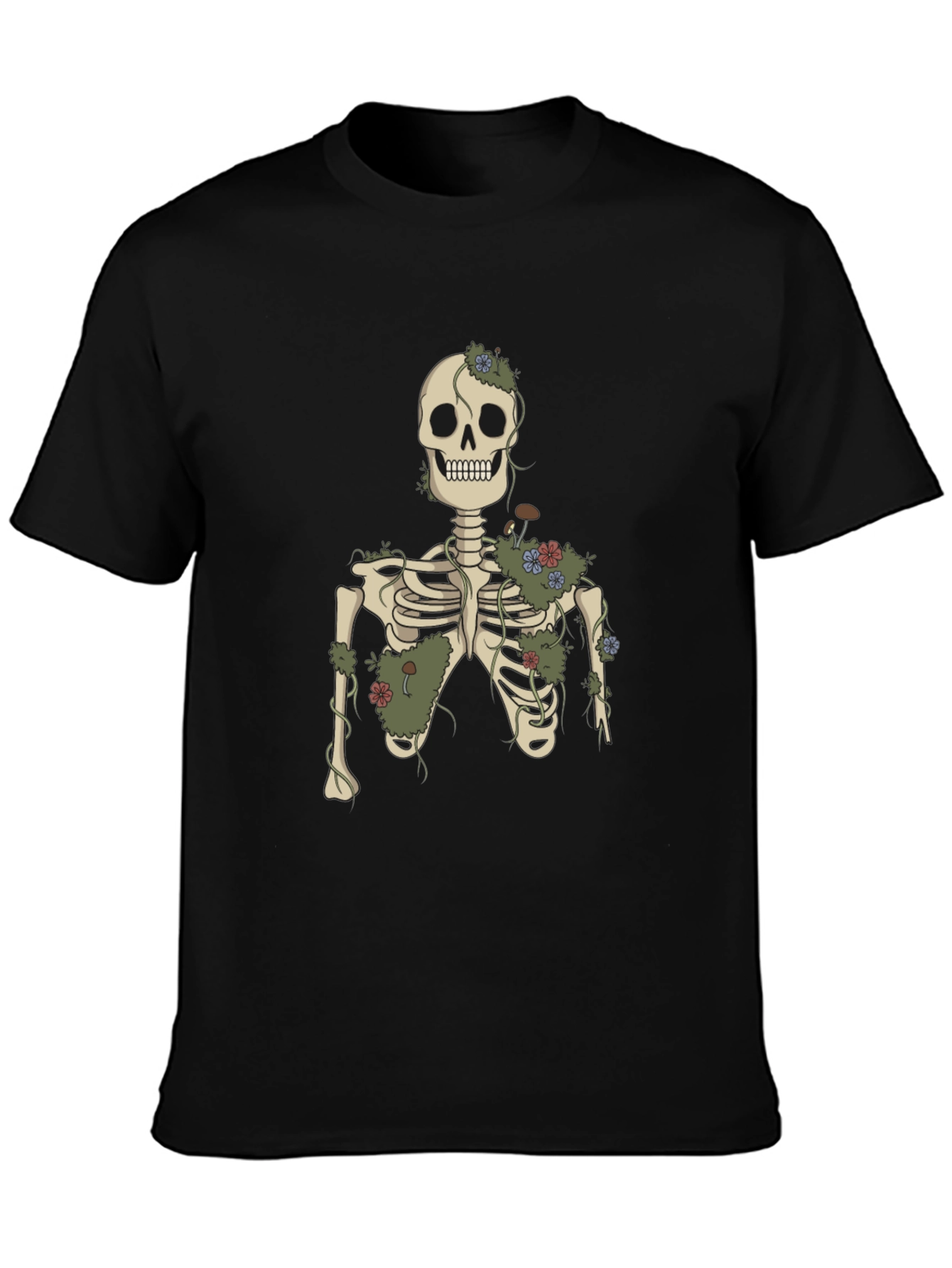 Black Floral Skeleton Graphic Tee - Black Cotton view 3
