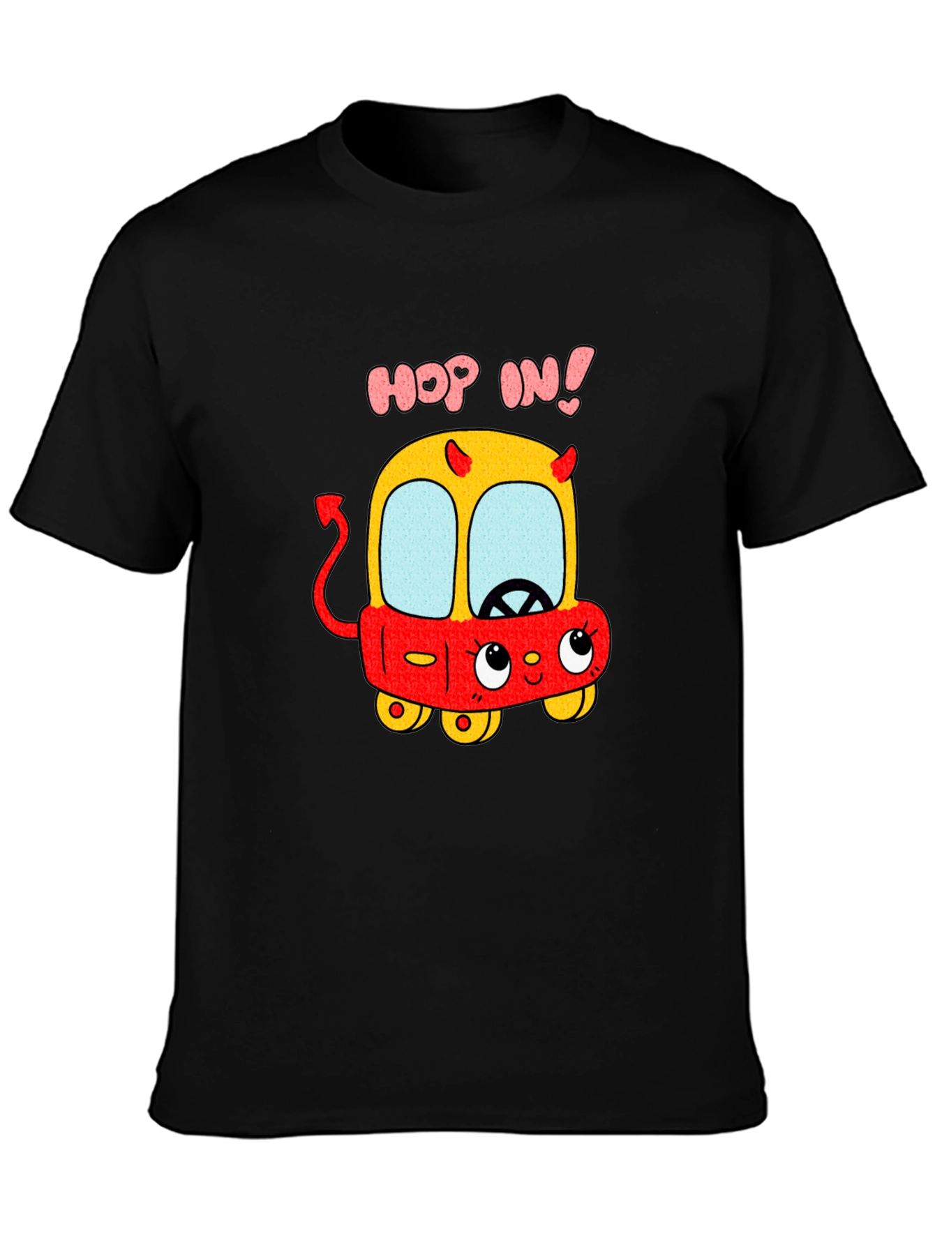 Black Funny Cartoon Devil Car T-Shirt - Hop In! view 3