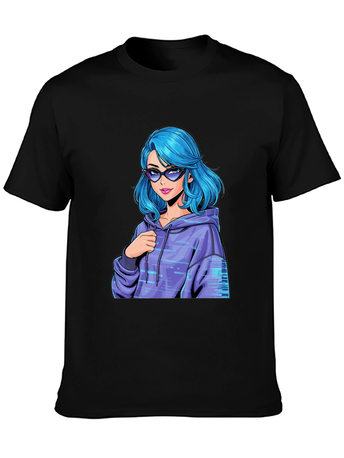 Stylish Black T-Shirt with Blue Anime Girl Design - 3