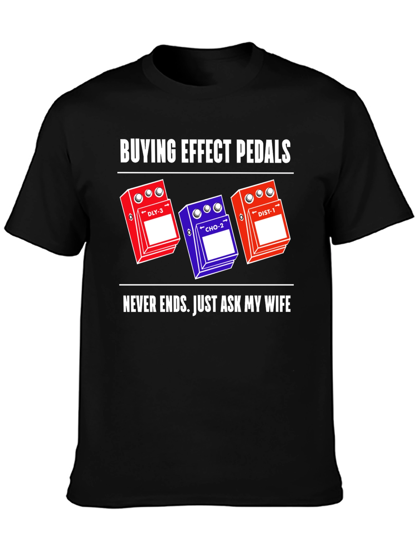 Black Buying Effect Pedals T-Shirt, Guitar Humor Tee view 3
