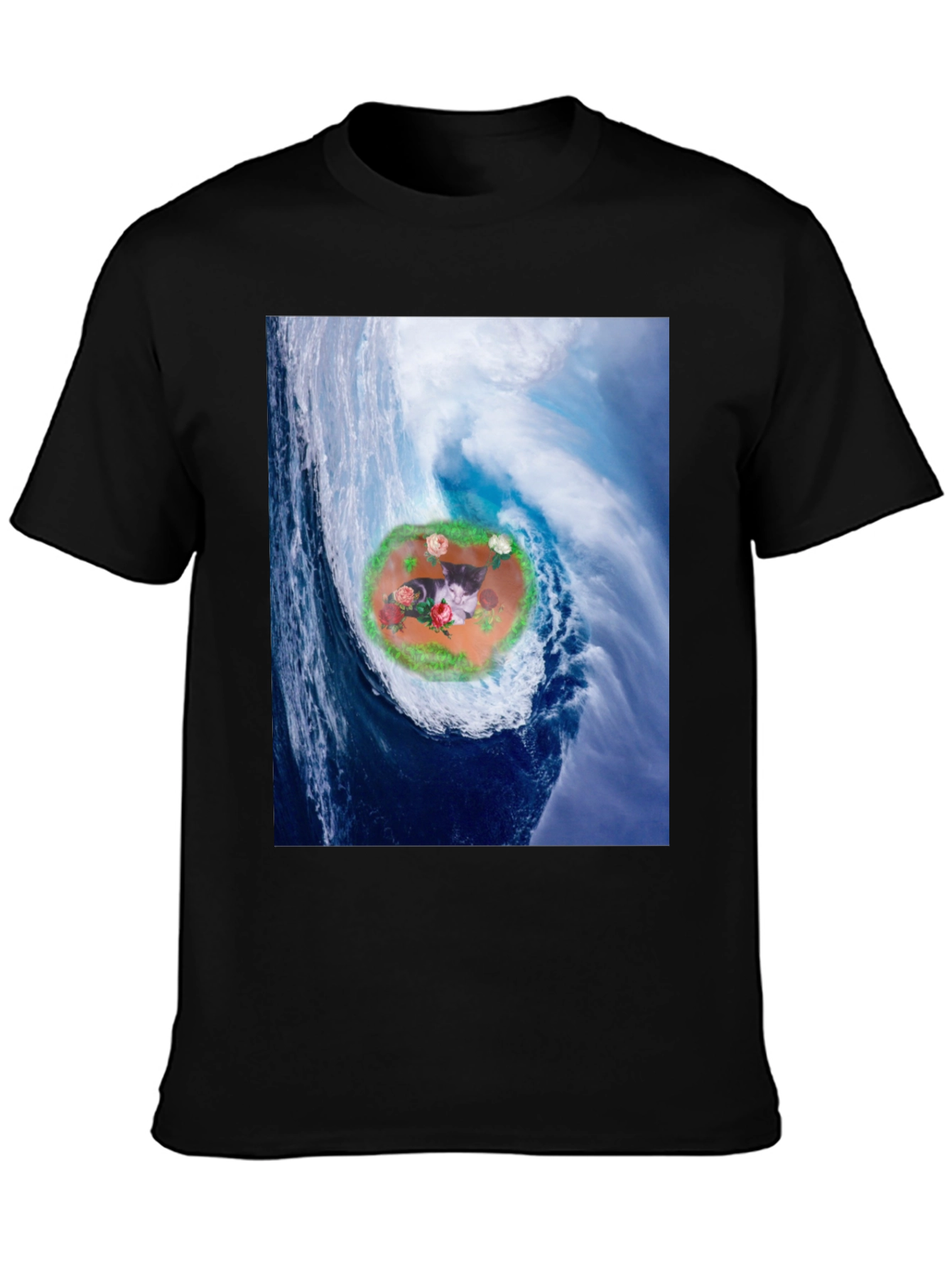 Black Wave Kitty T-Shirt: Black Cotton Blend view 3