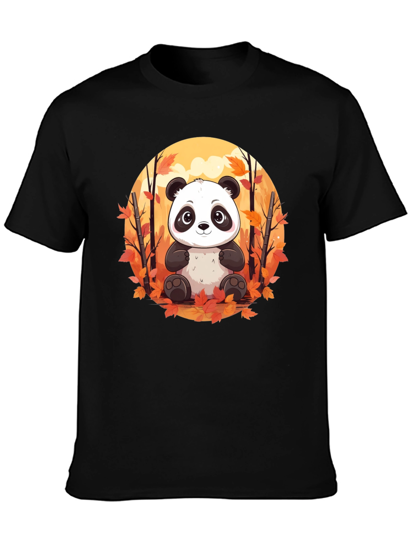 Black Panda Autumn Leaves Black T-Shirt view 3