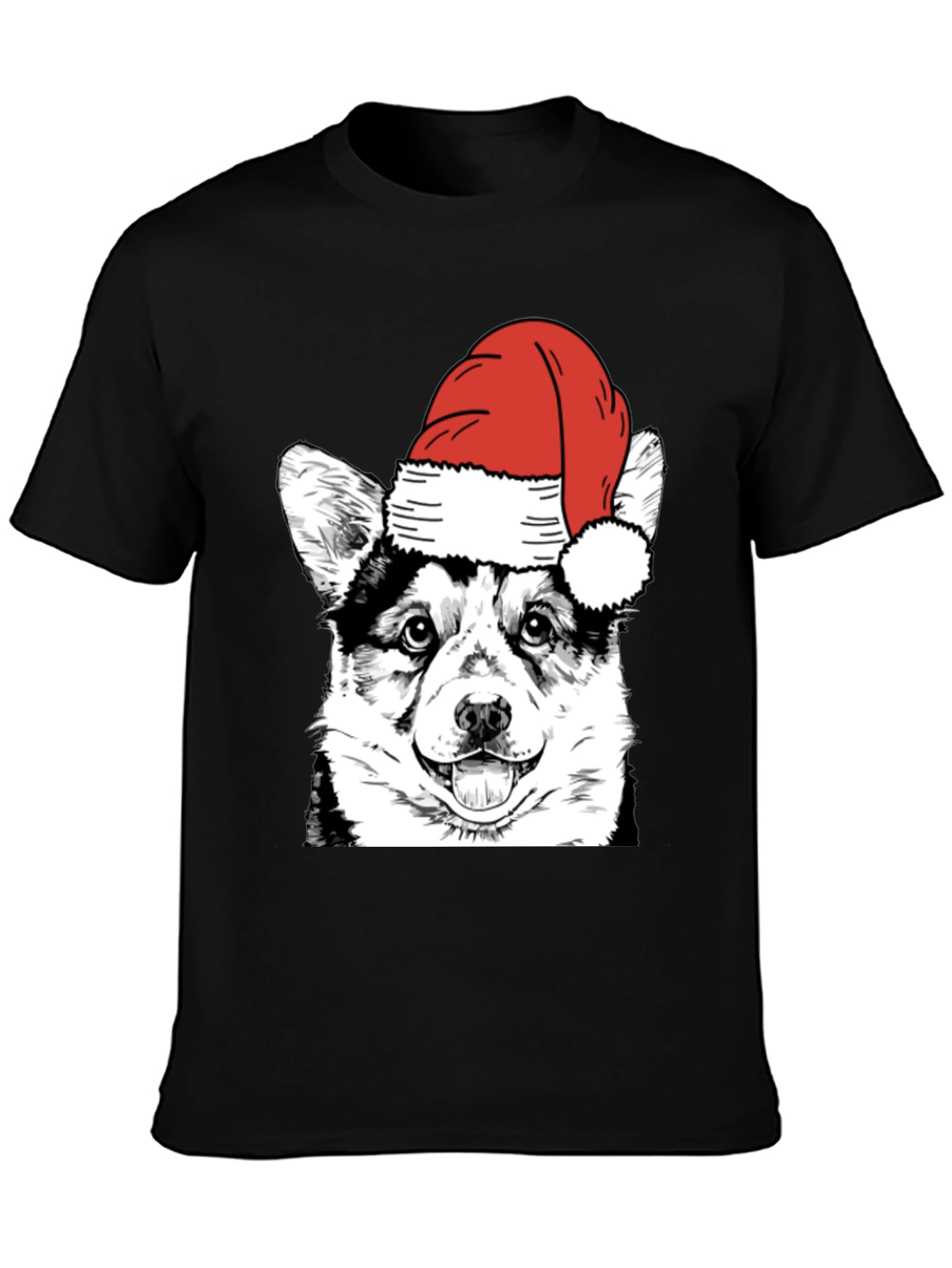 Black Festive Corgi Santa Hat Black T-Shirt view 3