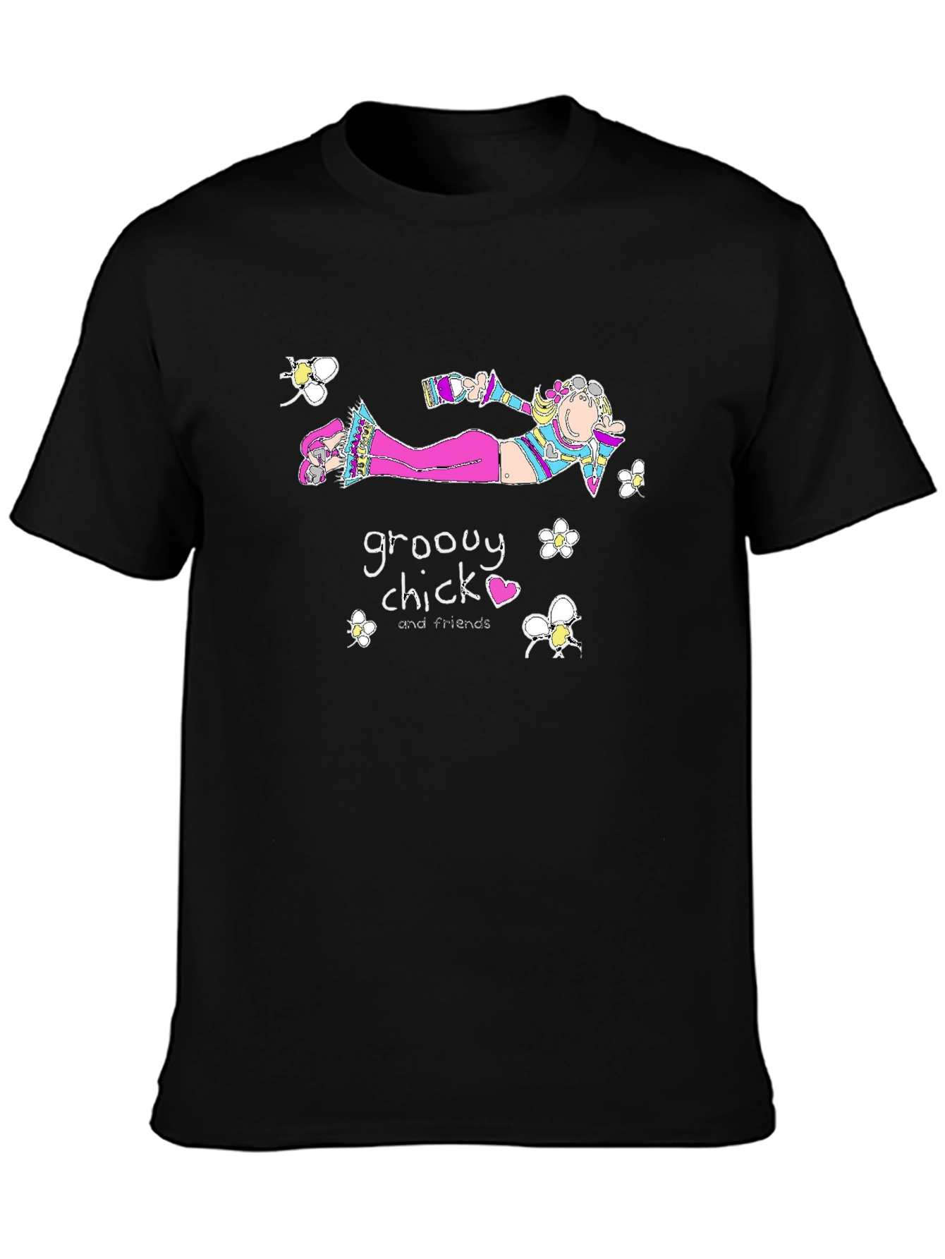 Black Groovy Chick Tee - Quirky Cartoon T-Shirt view 3