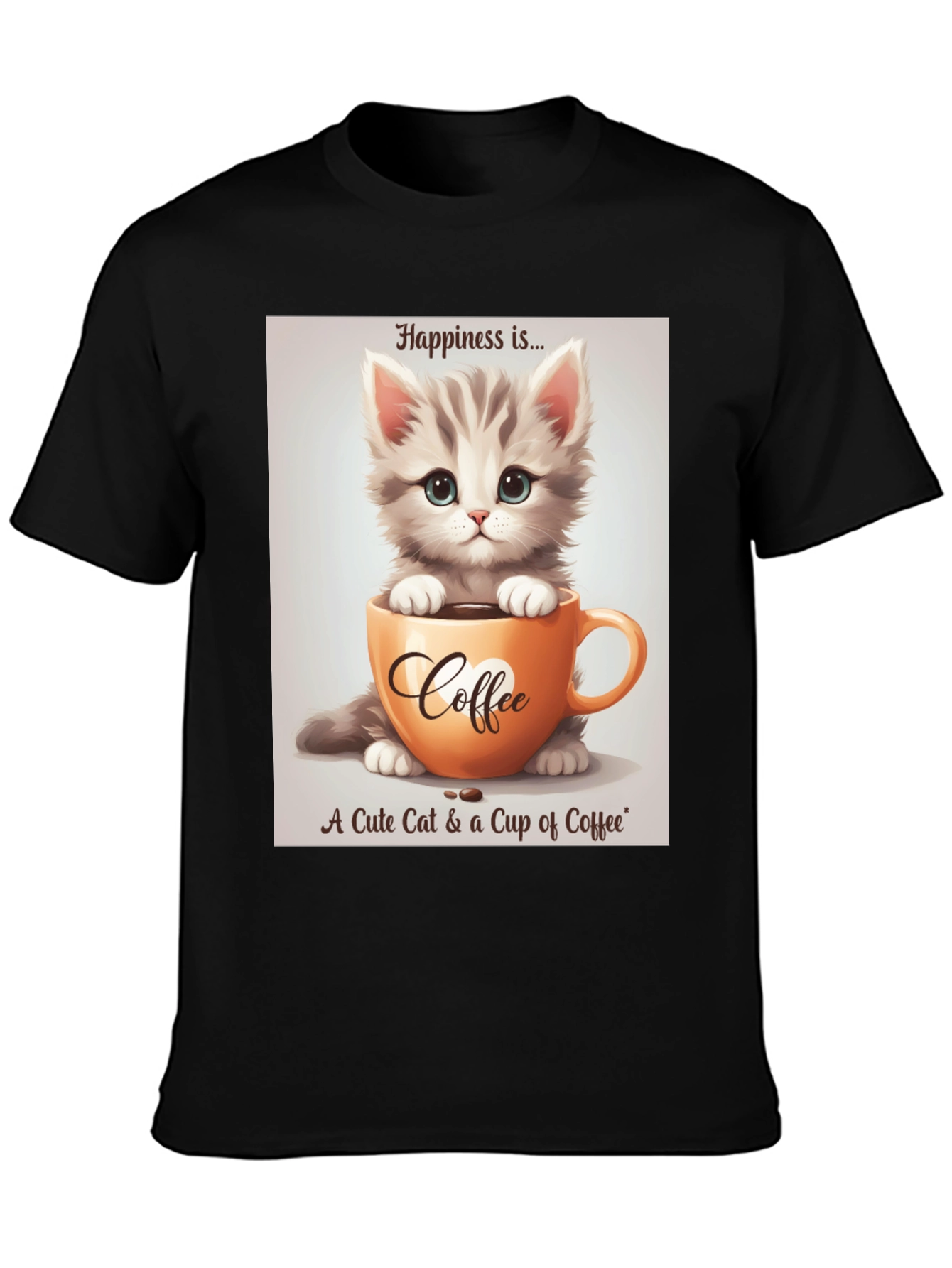 Black Cute Kitten and Coffee T-Shirt - Happiness Is... view 3