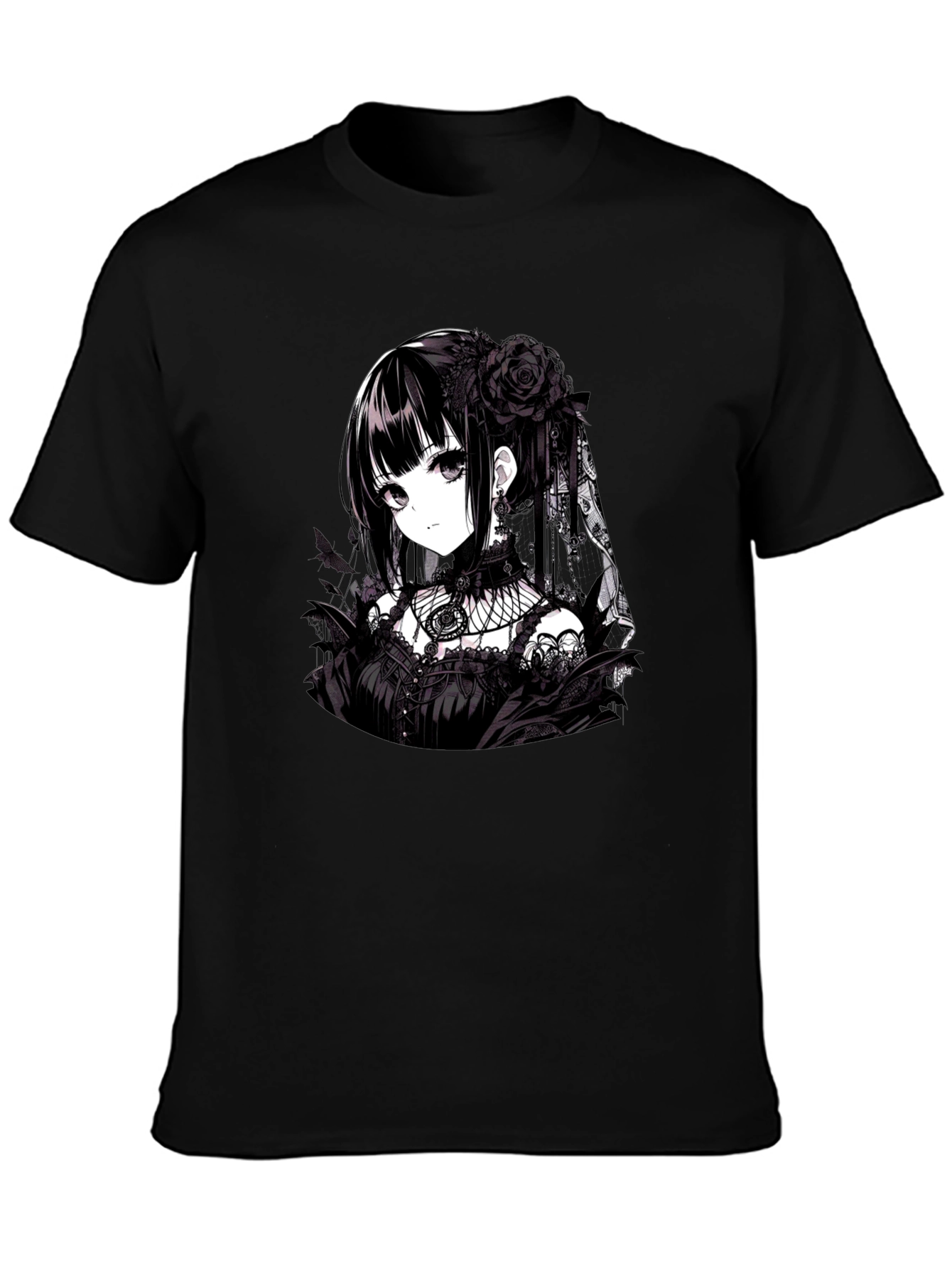 Black Gothic Anime Girl T-Shirt - Black view 3