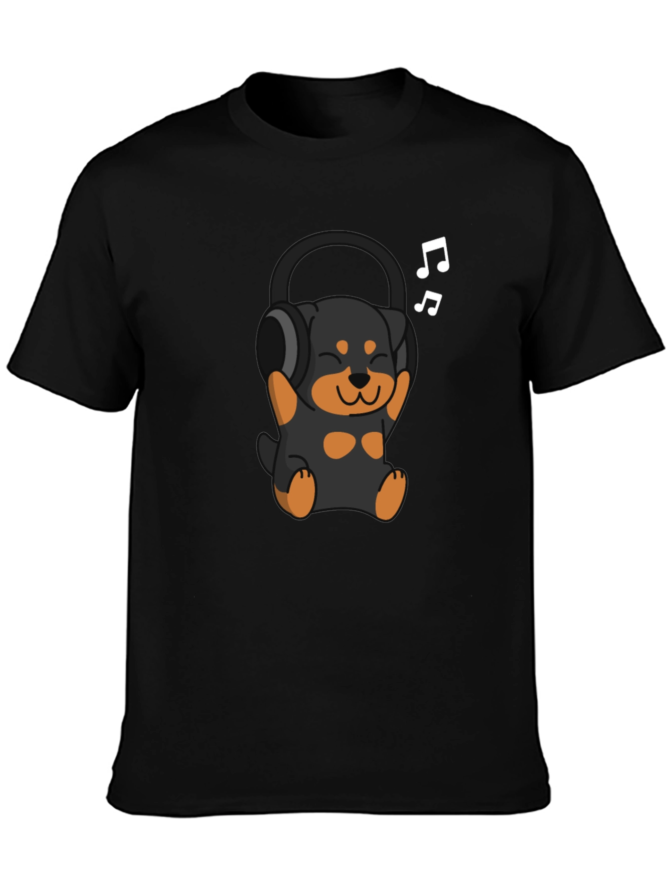 Black Rottweiler Puppy Headphones Black T-Shirt view 3