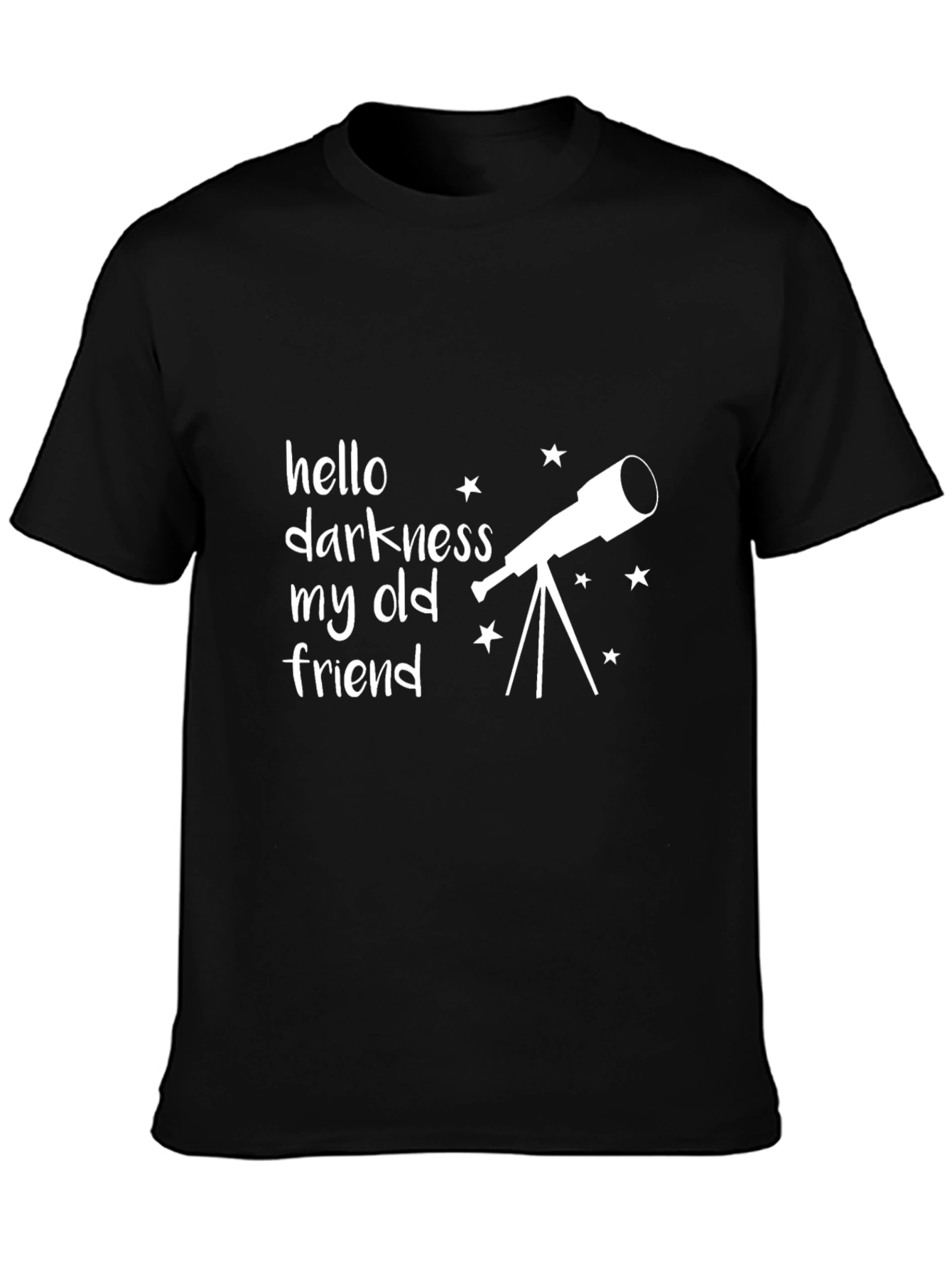 Black Hello Darkness My Old Friend Telescope Black T-Shirt view 3
