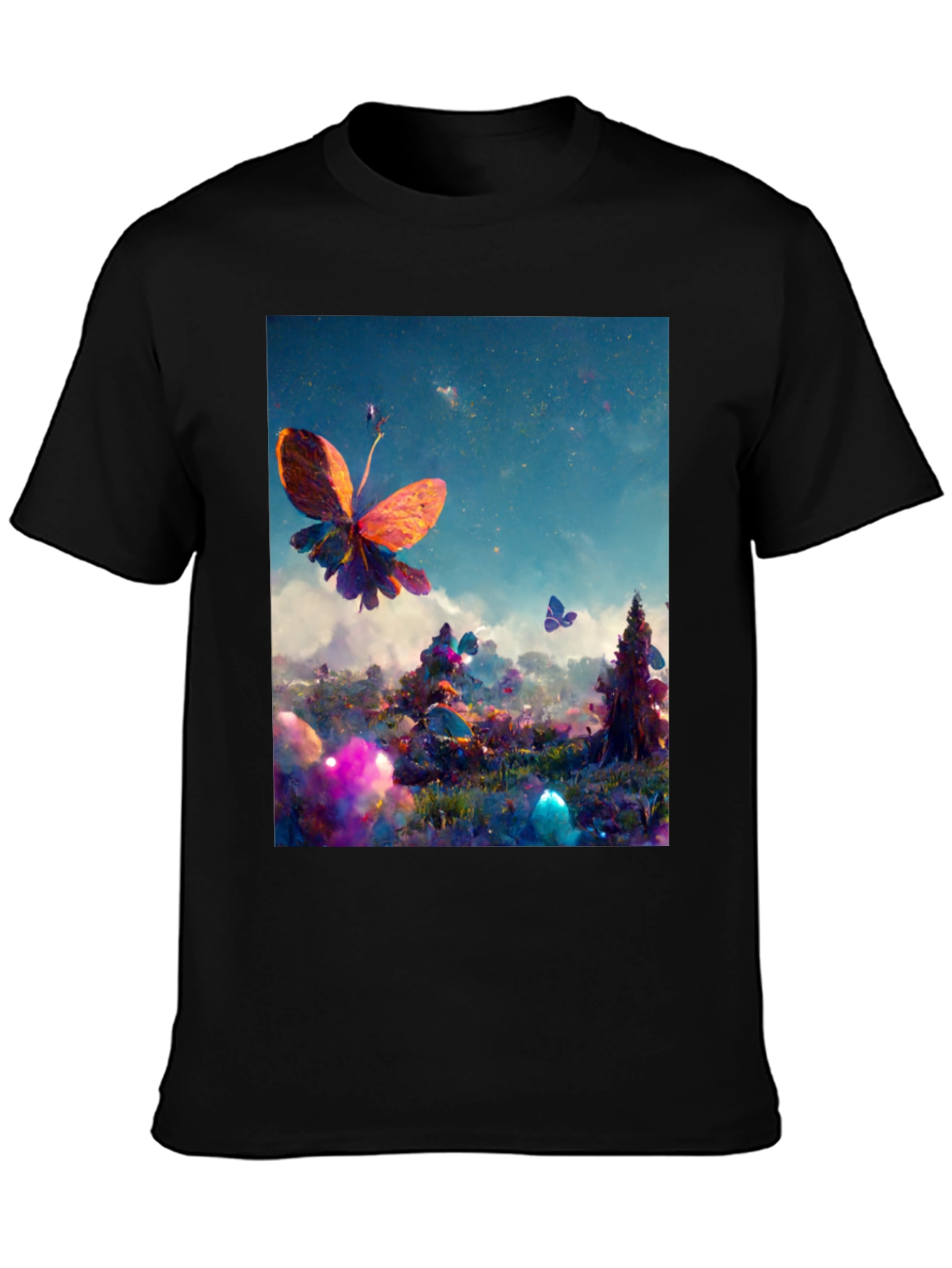 Black Butterfly Fantasy Graphic Tee - Black Cotton Blend view 3