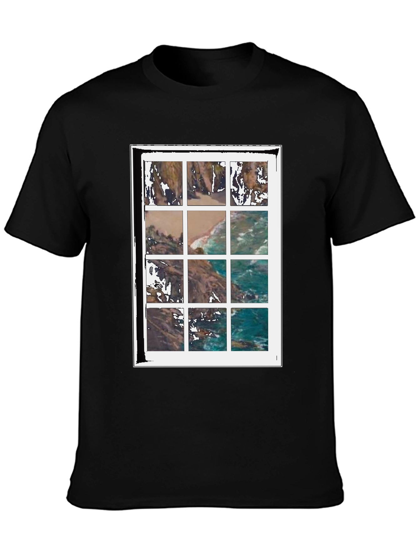 Black Coastal View Grid Print Black T-Shirt view 3