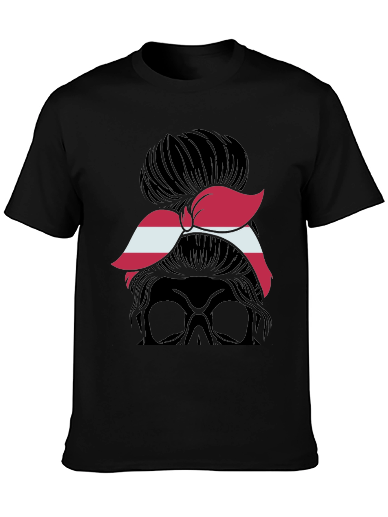 Black Messy Bun Skull Latvia Flag T-Shirt view 3