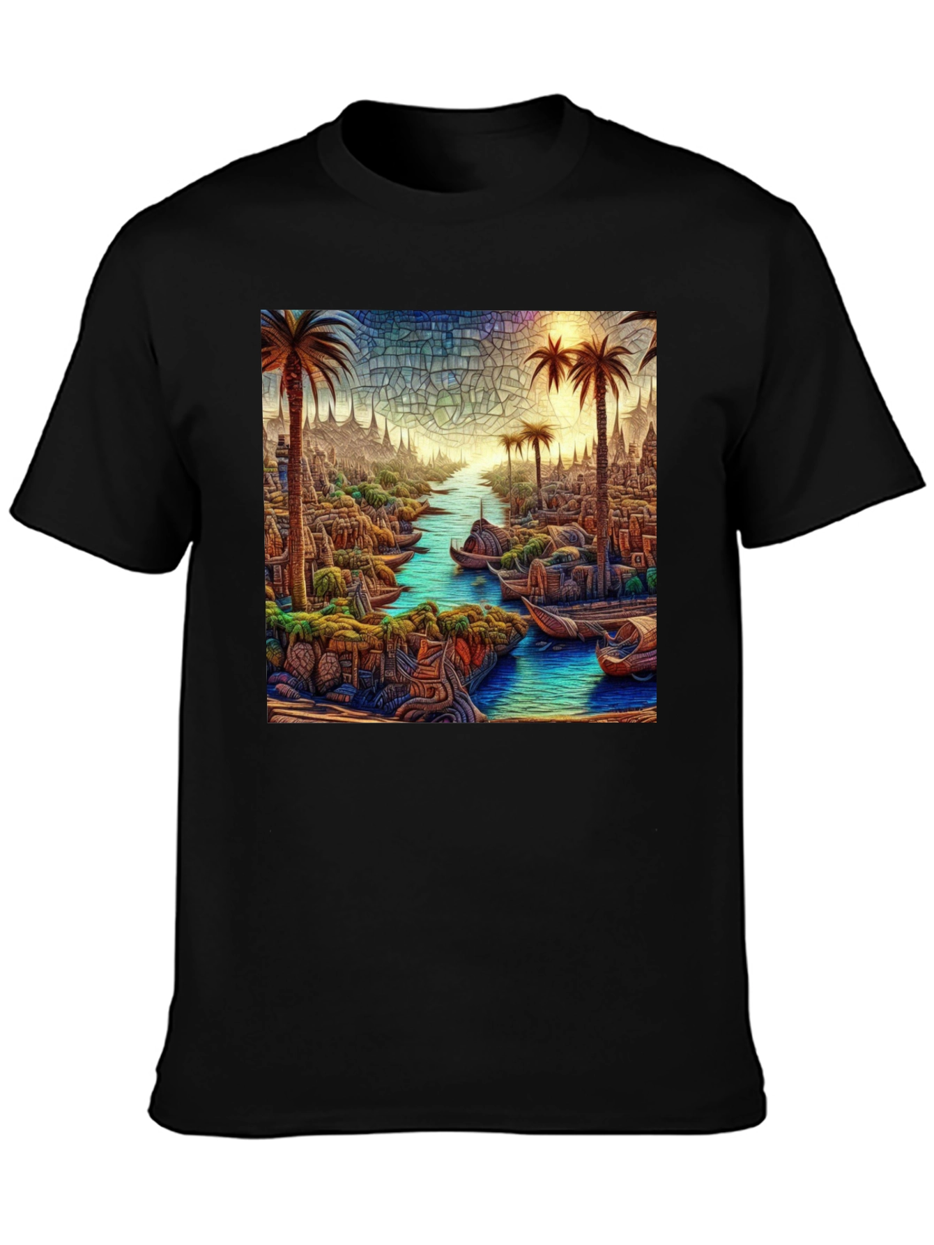 Black Tropical Mosaic Art Tee - Men's Black T-Shirt view 3
