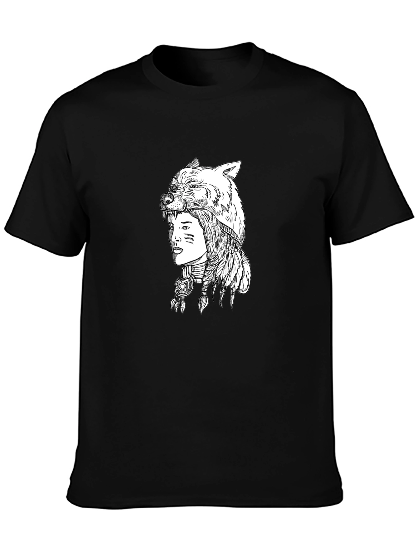 Black Native American Wolf Headdress Graphic Tee view 3