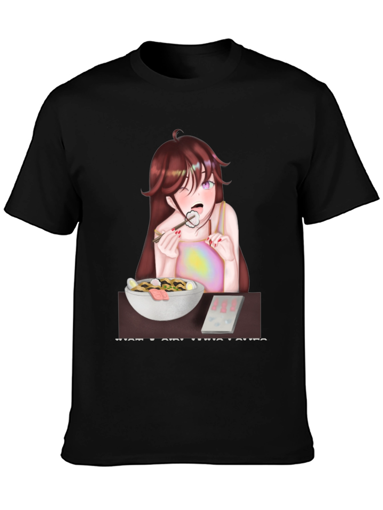 Black Anime Girl Eating Ramen T-Shirt view 3